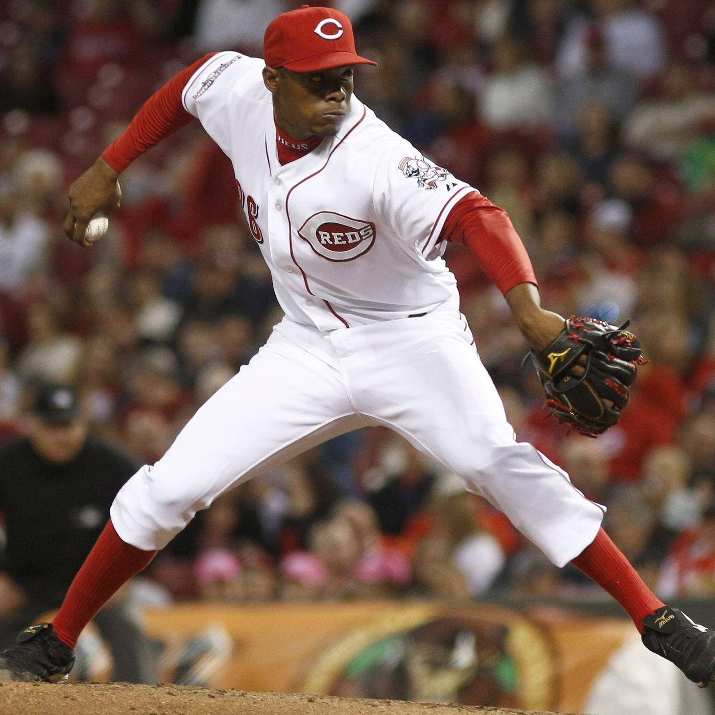 Raisel Iglesias, red and white uniform, stadium lights, HD Desktop Wallpaper