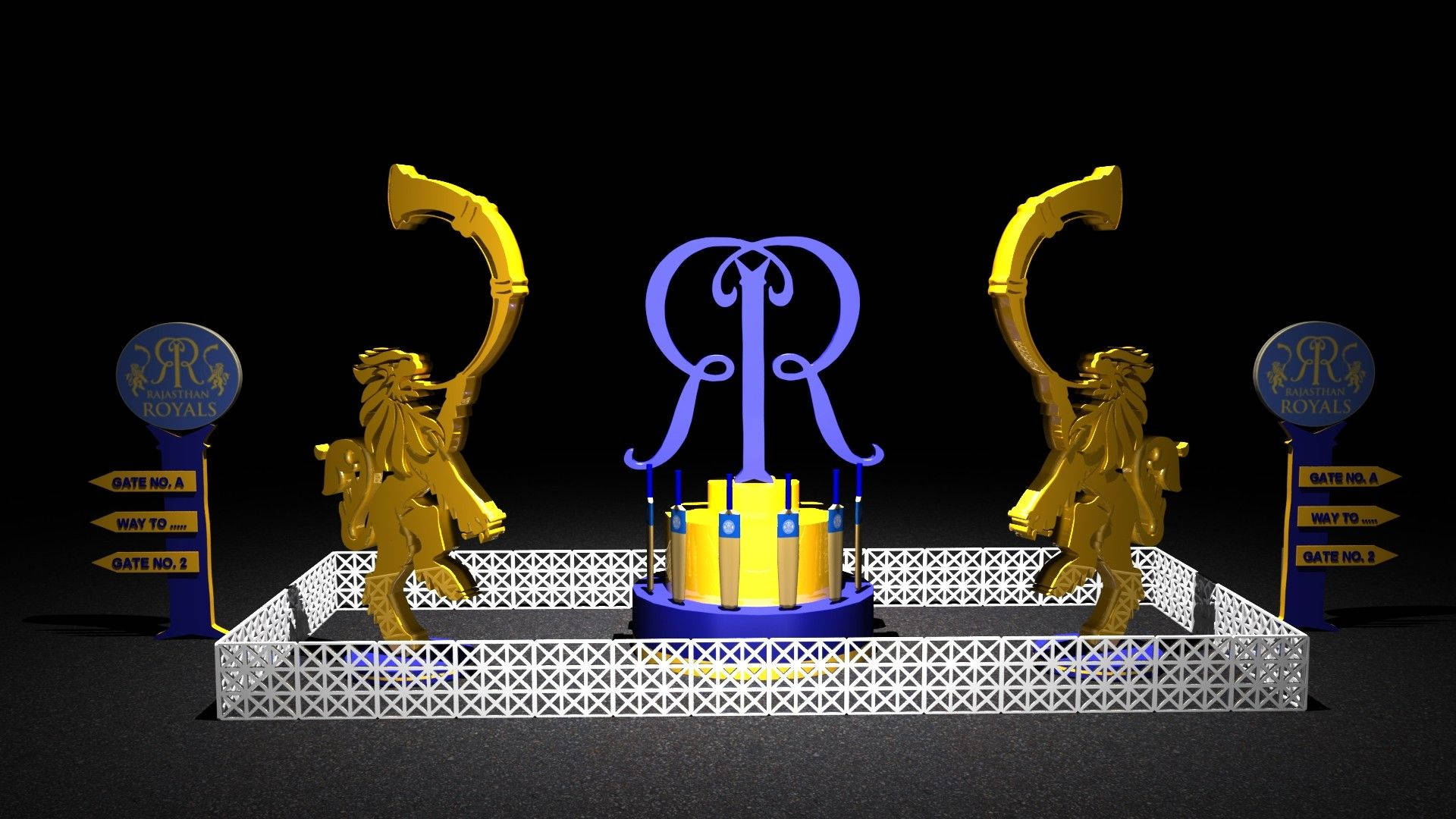 Rajasthan Royals, golden lion statues, blue and gold 'R' logo, Full HD Desktop Wallpaper