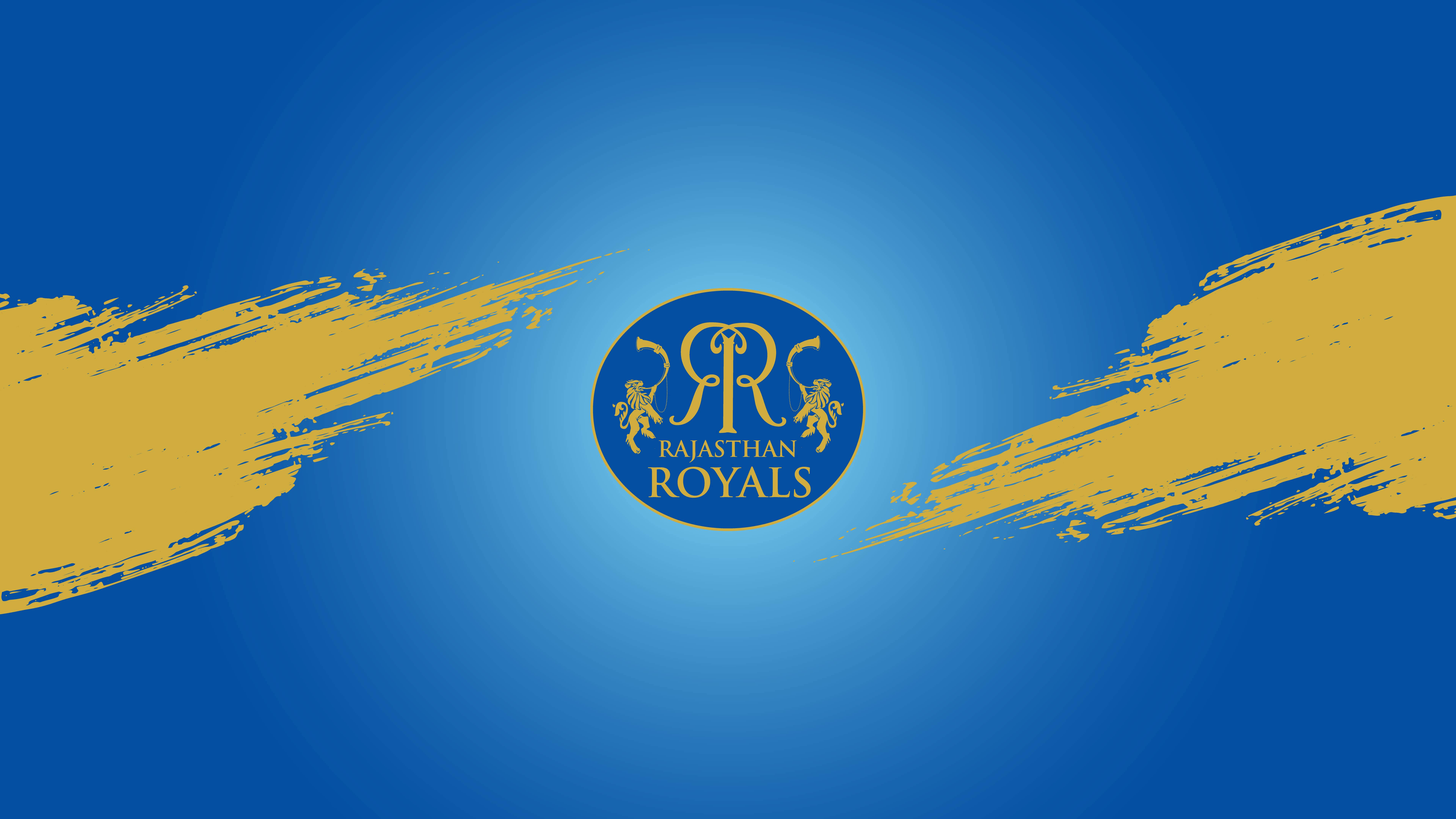 Rajasthan Royals, blue gradient background, gold brushstroke accents, 8K Desktop Wallpaper