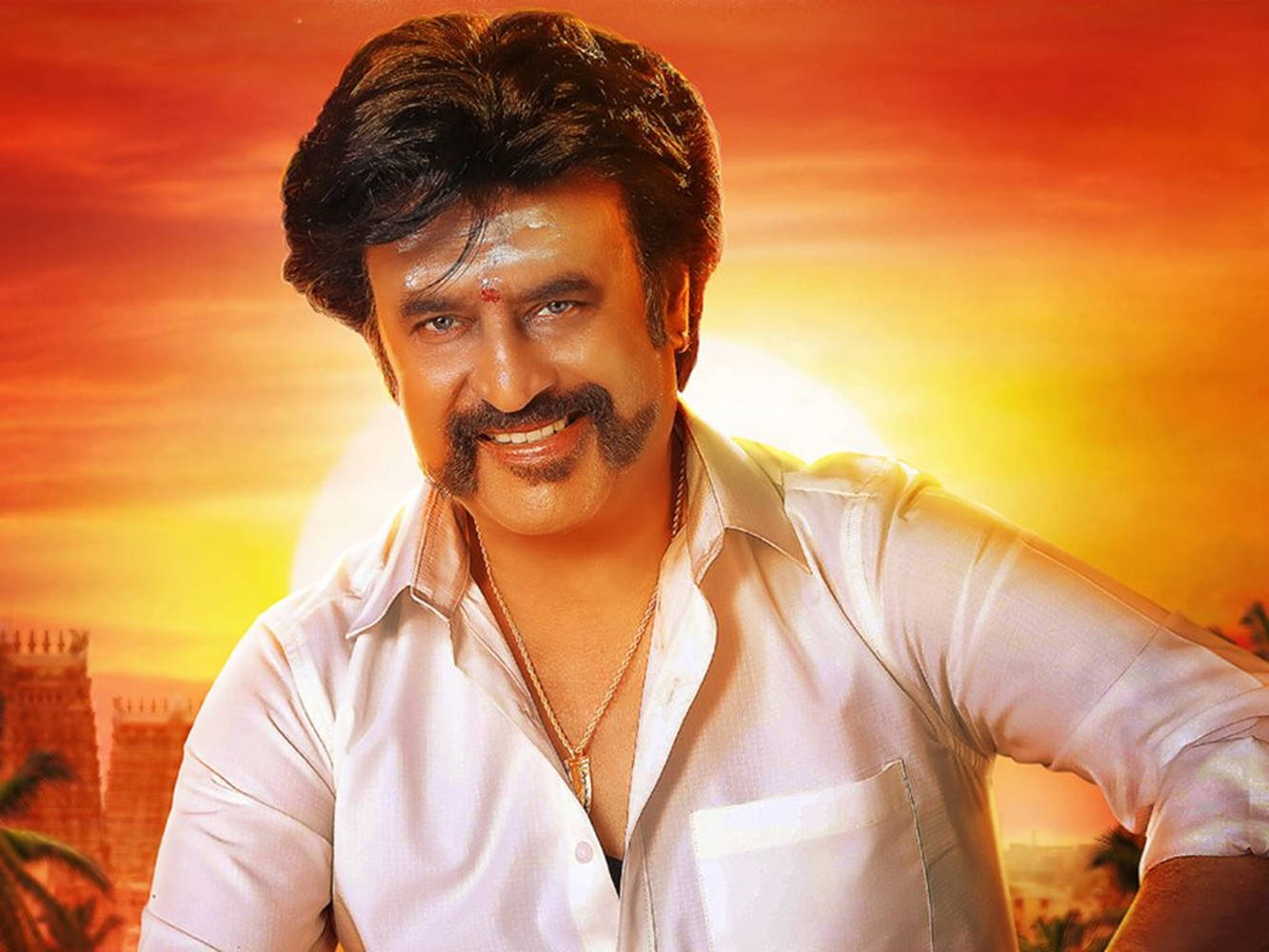Rajinikanth, fiery sunset, palm trees, HD Desktop Wallpaper