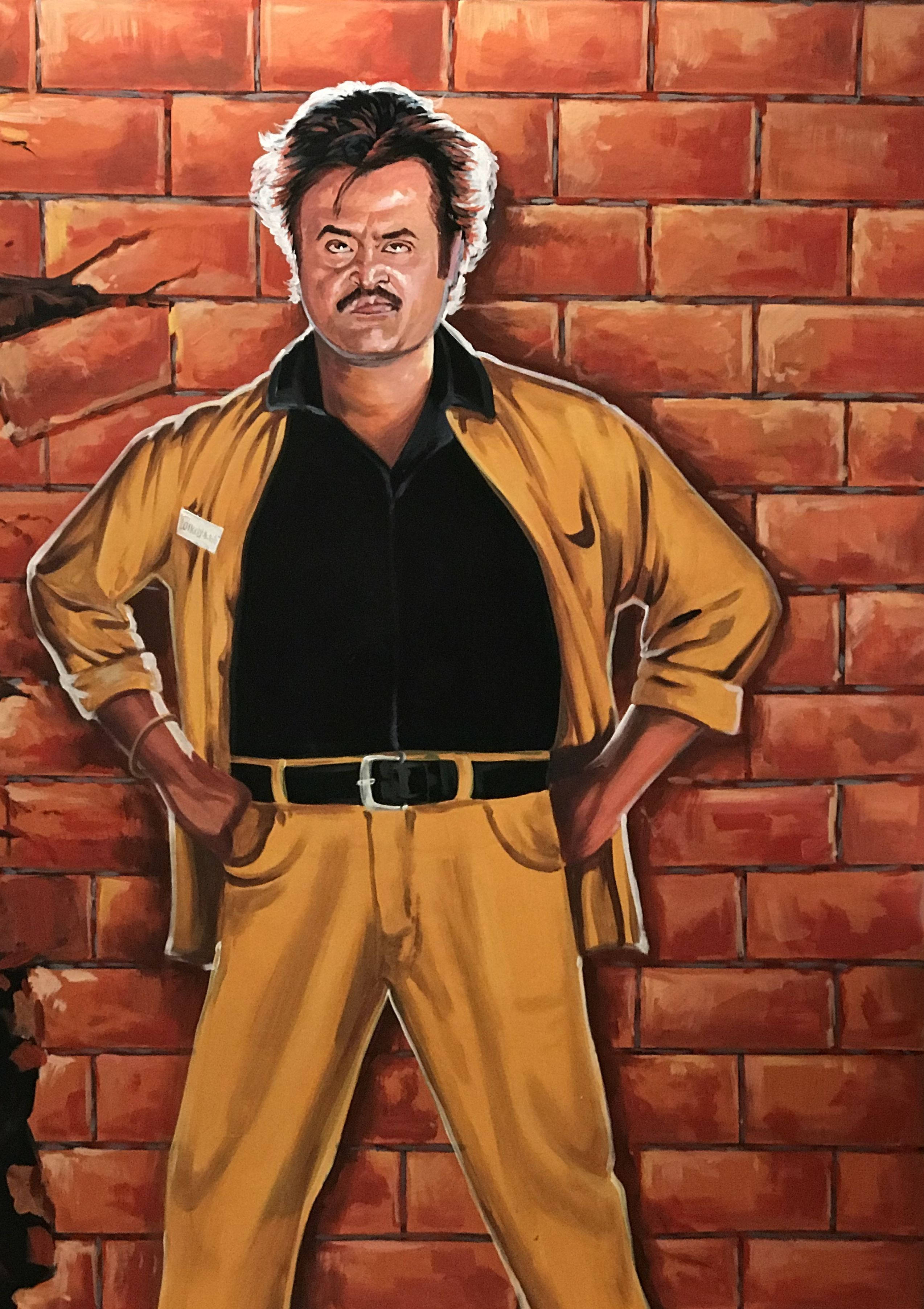 Rajinikanth, yellow suit, textured brick wall, 2K Phone Wallpaper