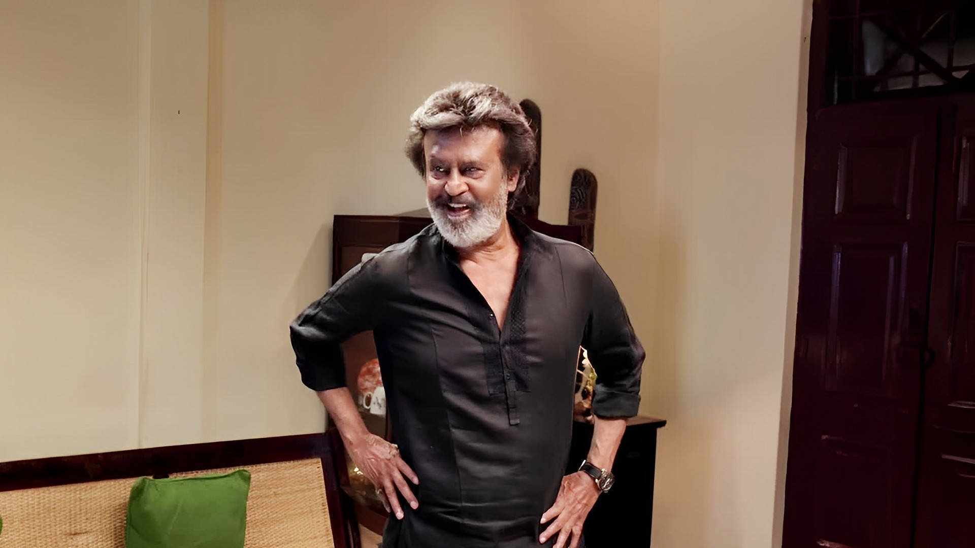 Rajinikanth, all black clothes, black shirt, Full HD Desktop Wallpaper