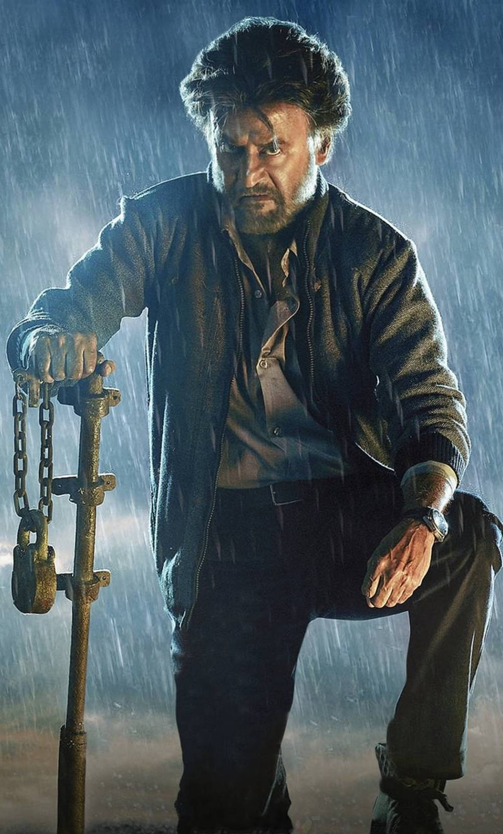 Rajinikanth, kneeling, rain, HD Phone Wallpaper