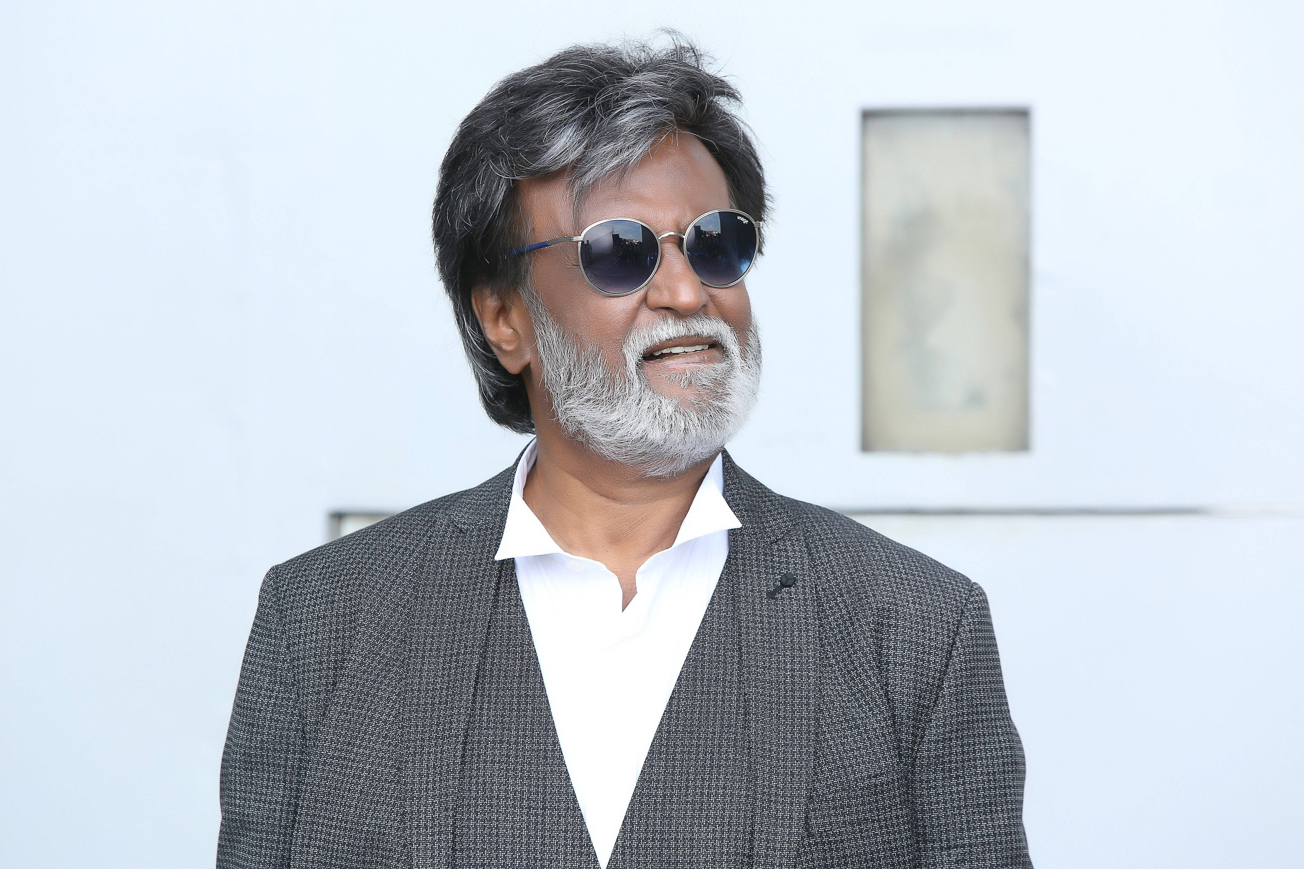 Rajinikanth, grey suit, round sunglasses, 4K Desktop Wallpaper