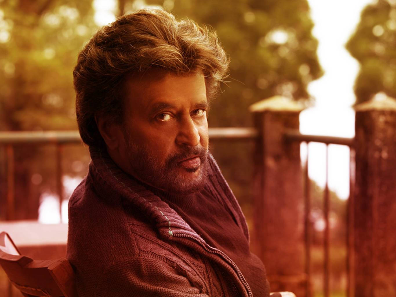Rajinikanth, balcony, warm-toned blurred outdoor background, HD Desktop Wallpaper