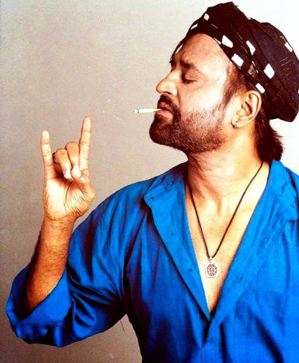 Rajinikanth, blue shirt, patterned headwrap, SD Phone Wallpaper