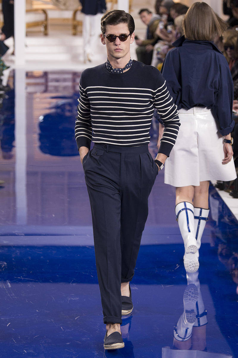 Ralph Lauren Corporation, navy and white striped sweater, glossy blue runway, SD Phone Wallpaper