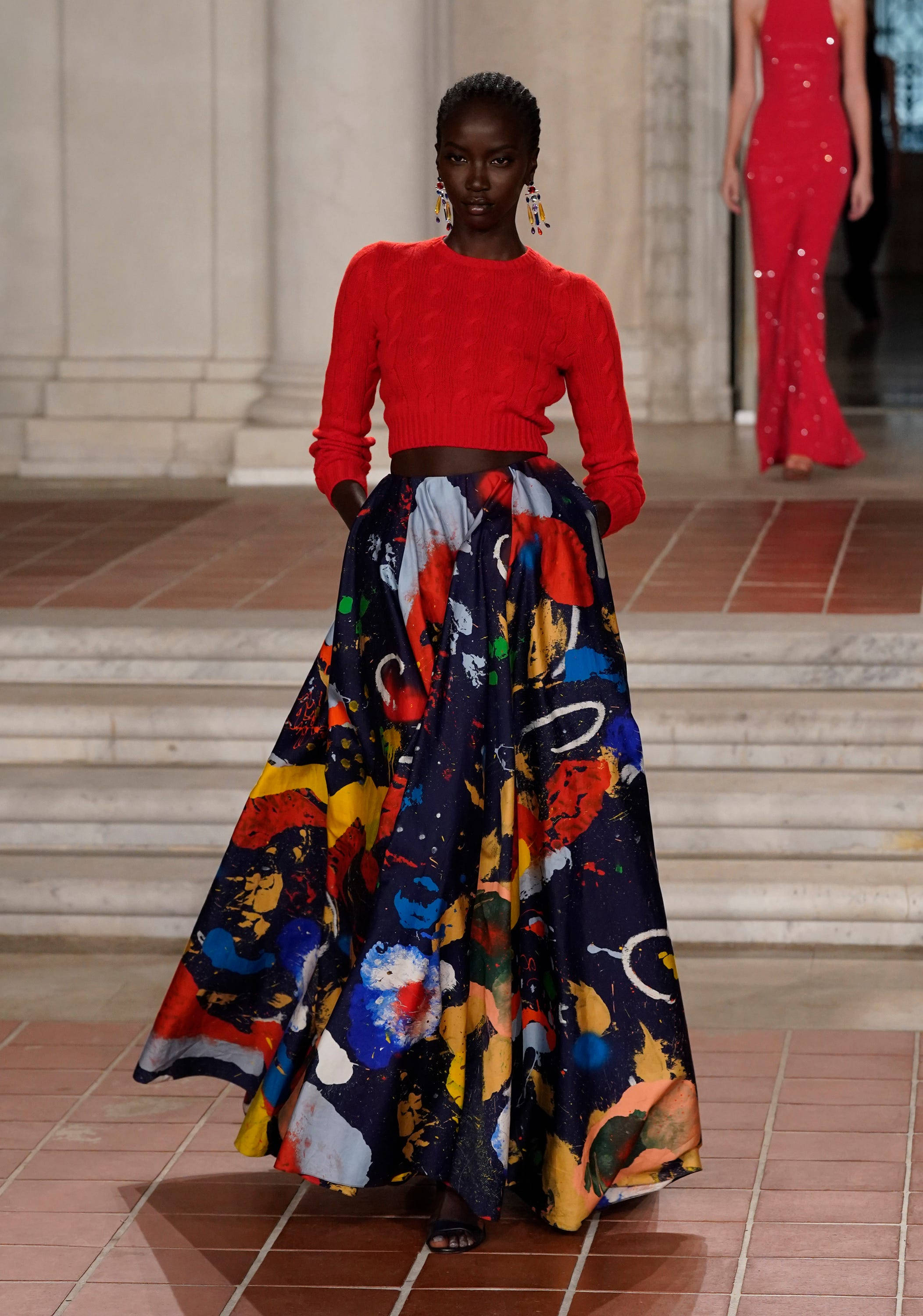 Ralph Lauren Corporation, red sweater, vibrant abstract print skirt, 2K Phone Wallpaper