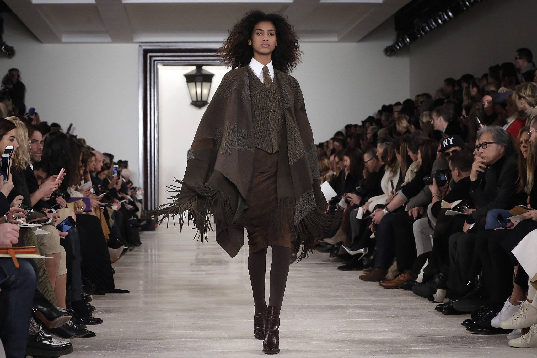 Ralph Lauren Corporation, curly hair necktie, brown fringed poncho, Full HD Desktop Wallpaper
