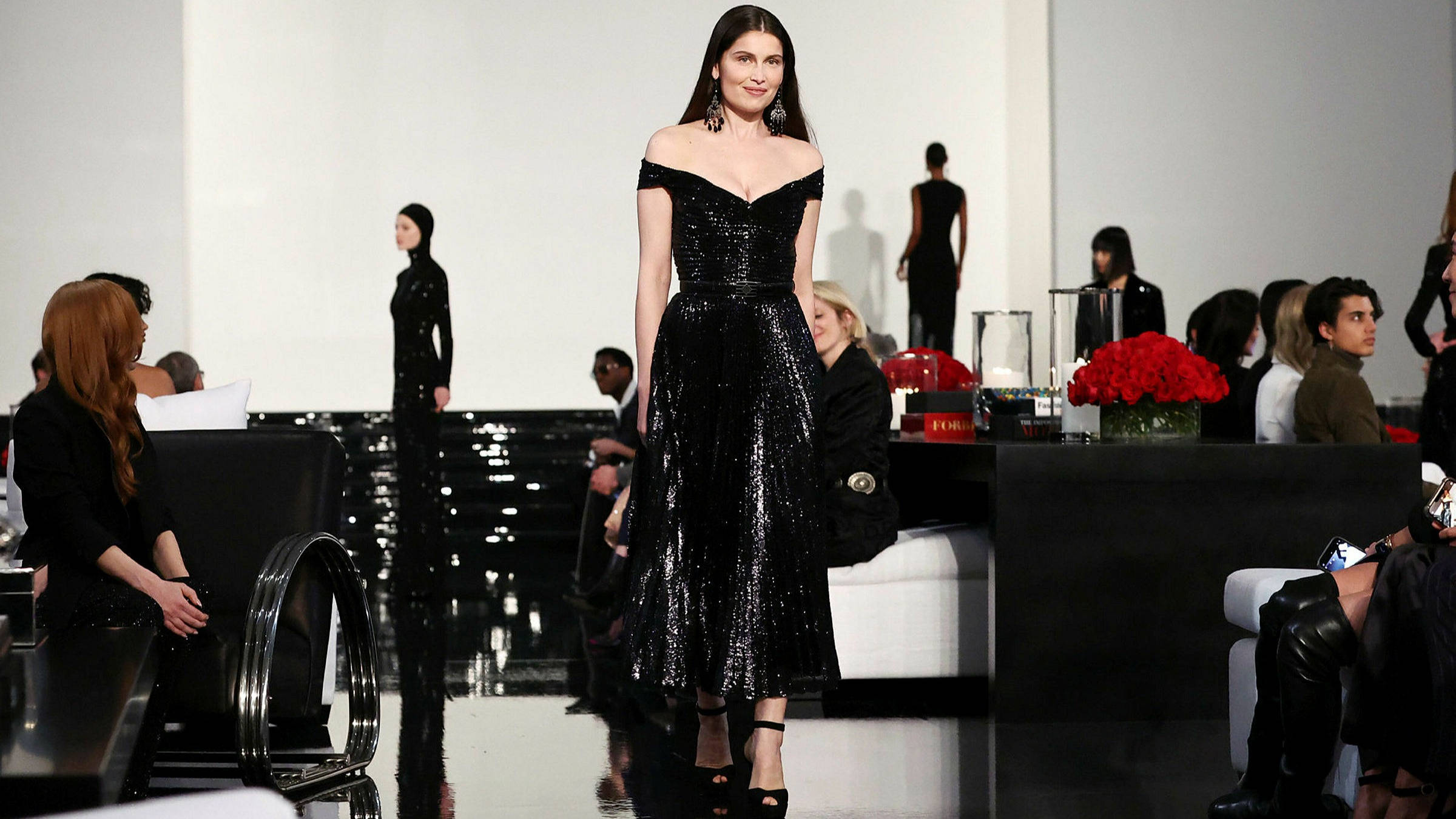 Ralph Lauren Corporation, black dress, off-shoulder gown, Full HD Desktop Wallpaper
