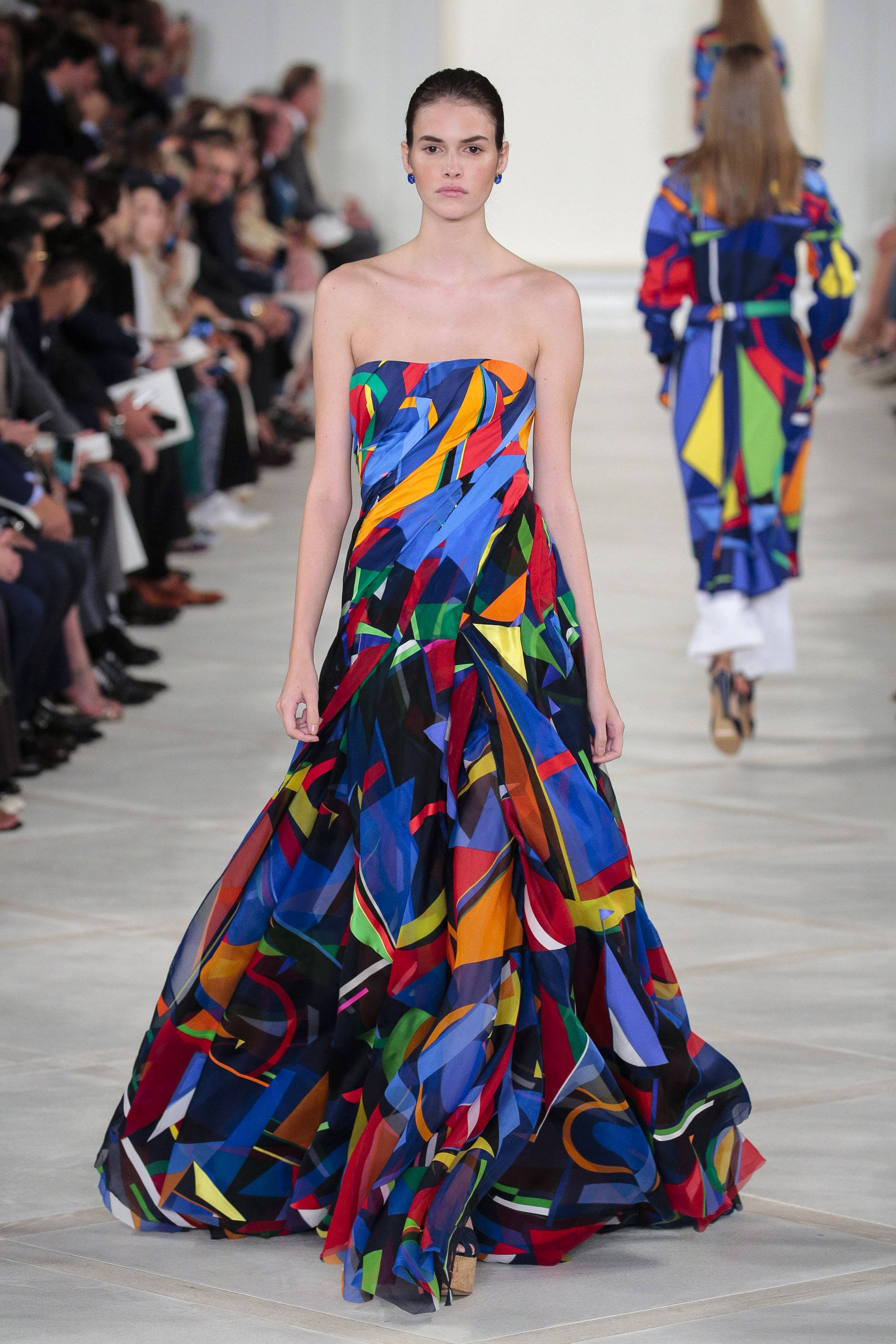 Ralph Lauren Corporation, blue colorful dress, vibrant abstract geometric gown, 2K Phone Wallpaper