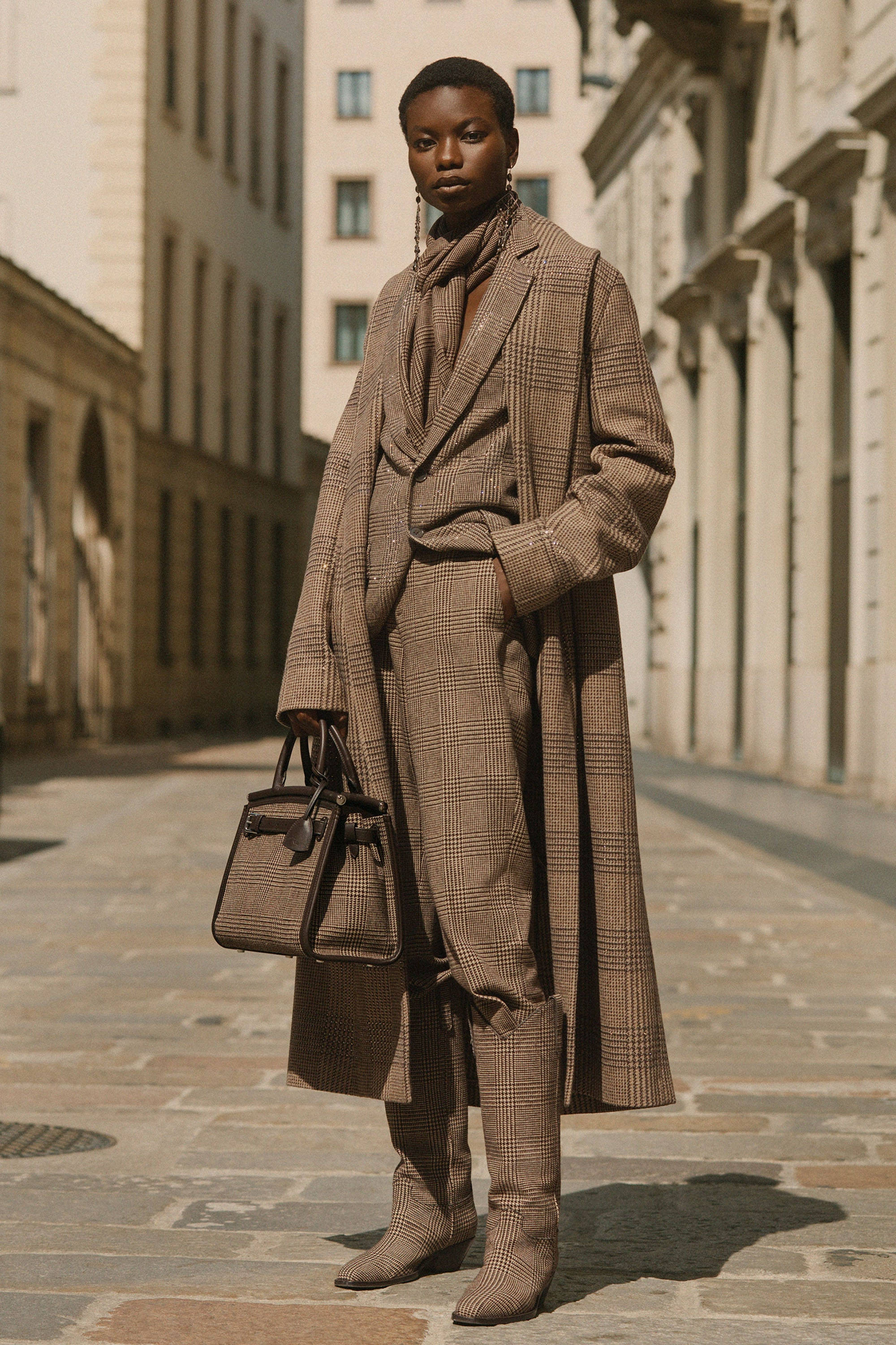 Ralph Lauren Corporation, brown plaid coat, matching boots, 2K Phone Wallpaper