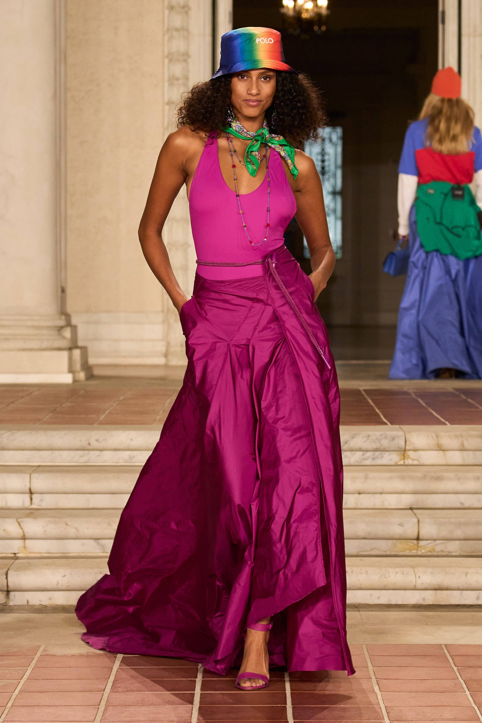 Ralph Lauren Corporation, purple dress, rainbow hat, 2K Phone Wallpaper