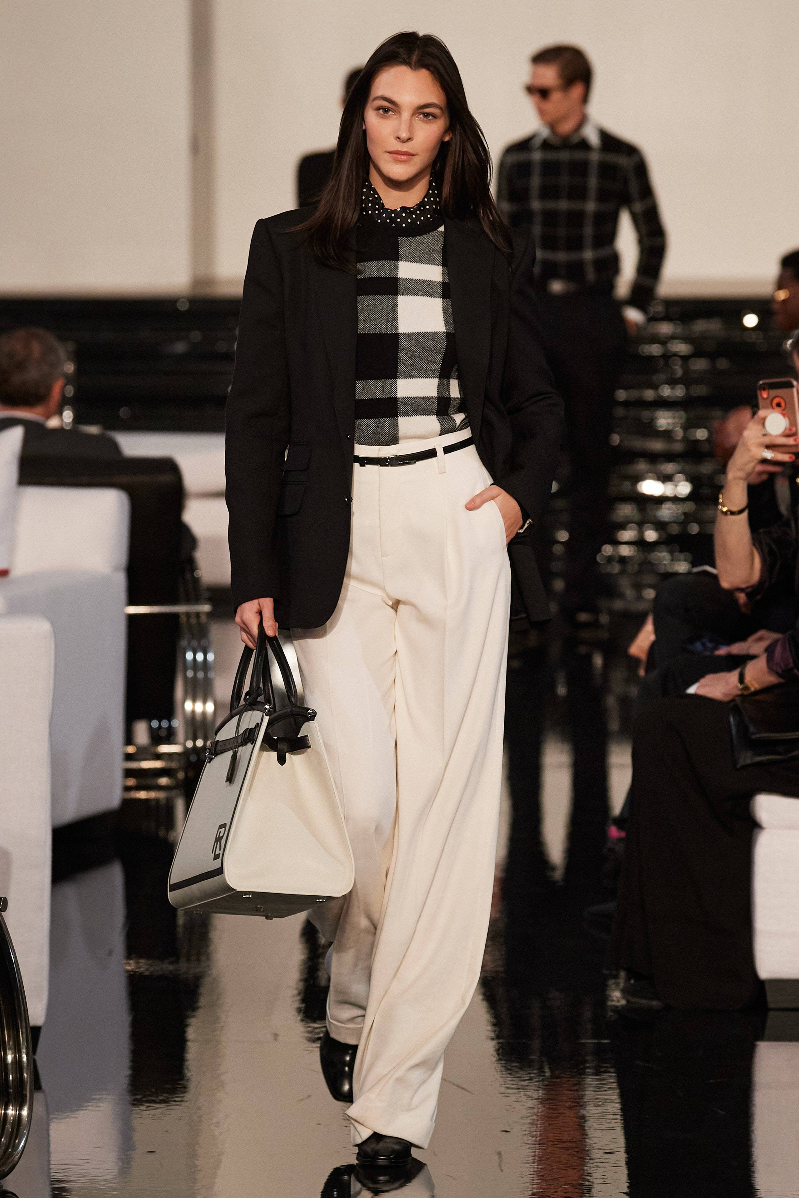 Ralph Lauren Corporation, long white pants, black blazer, 4K Phone Wallpaper
