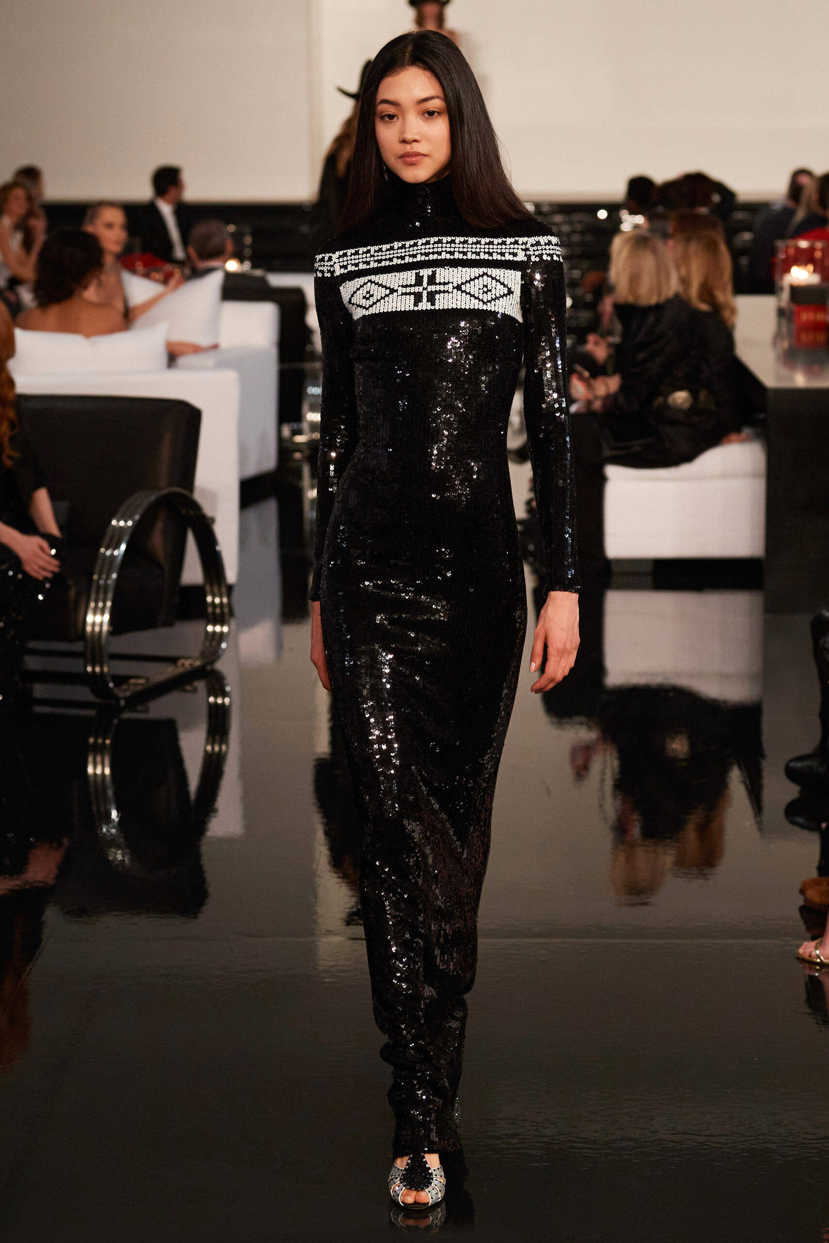 Ralph Lauren Corporation, black sequined dress, white geometric embroidery, 2K Phone Wallpaper
