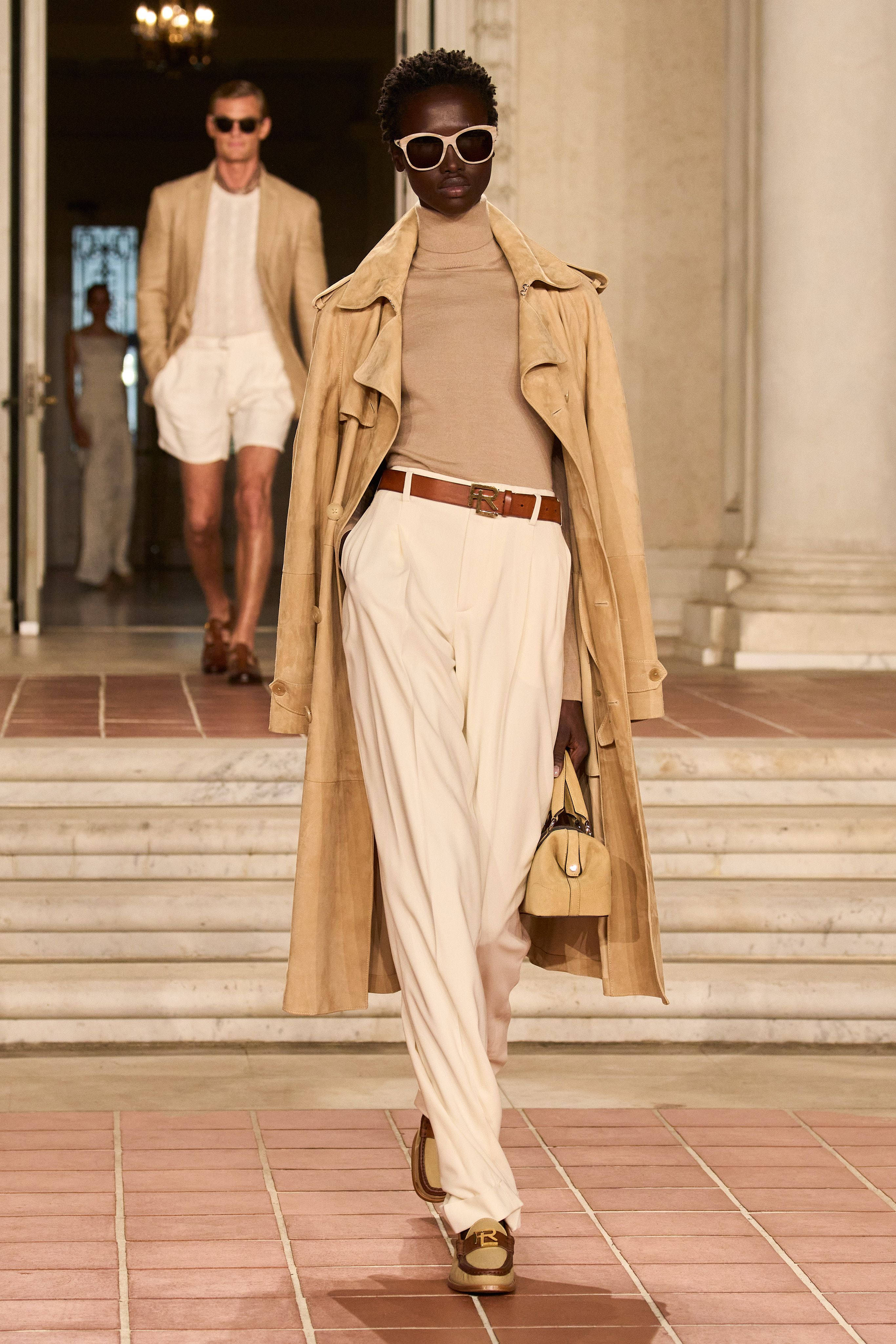 Ralph Lauren Corporation, beige trench coat, cream pants, 4K Phone Wallpaper