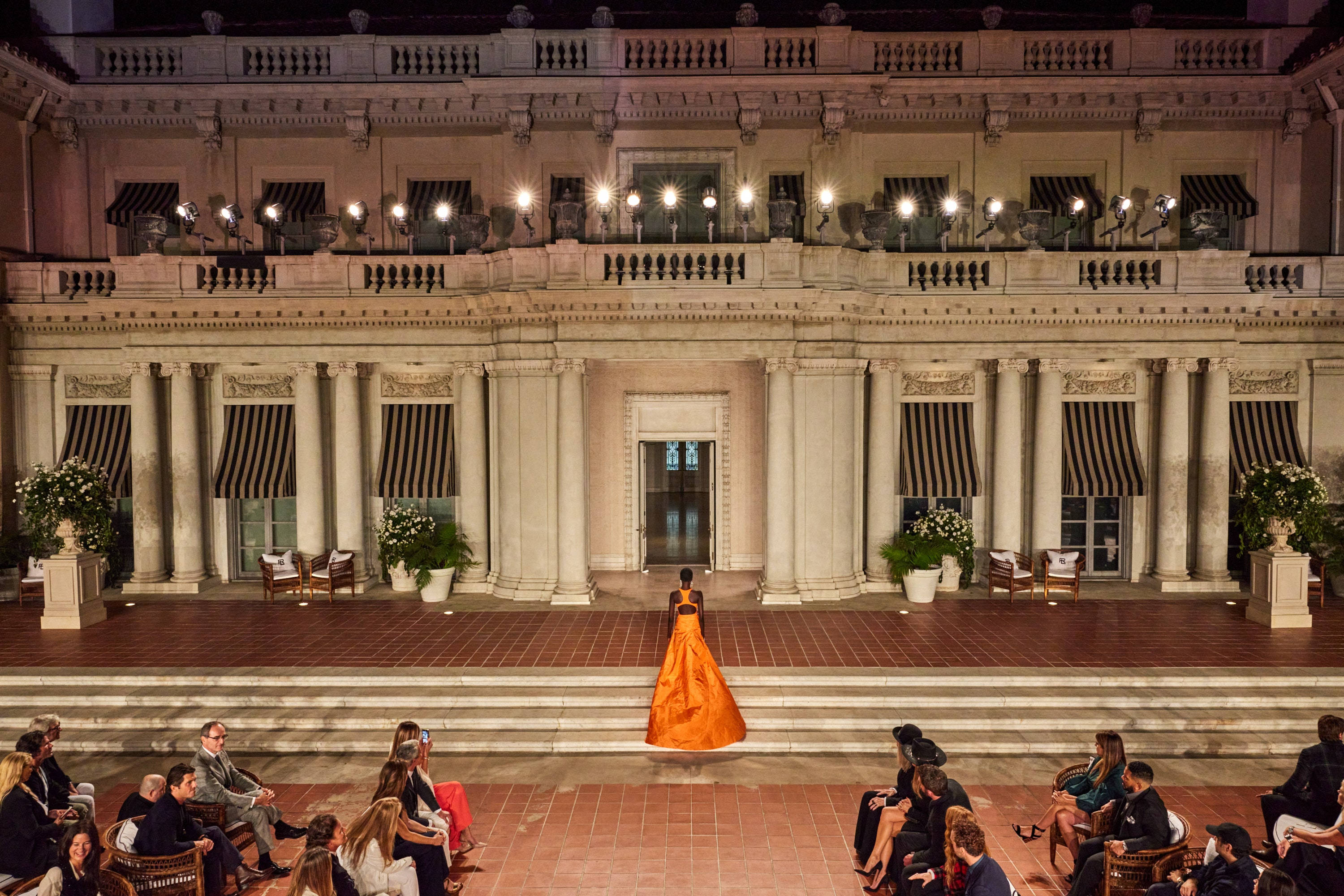 Ralph Lauren Corporation, orange dress, grand stone staircase, 2K Desktop Wallpaper