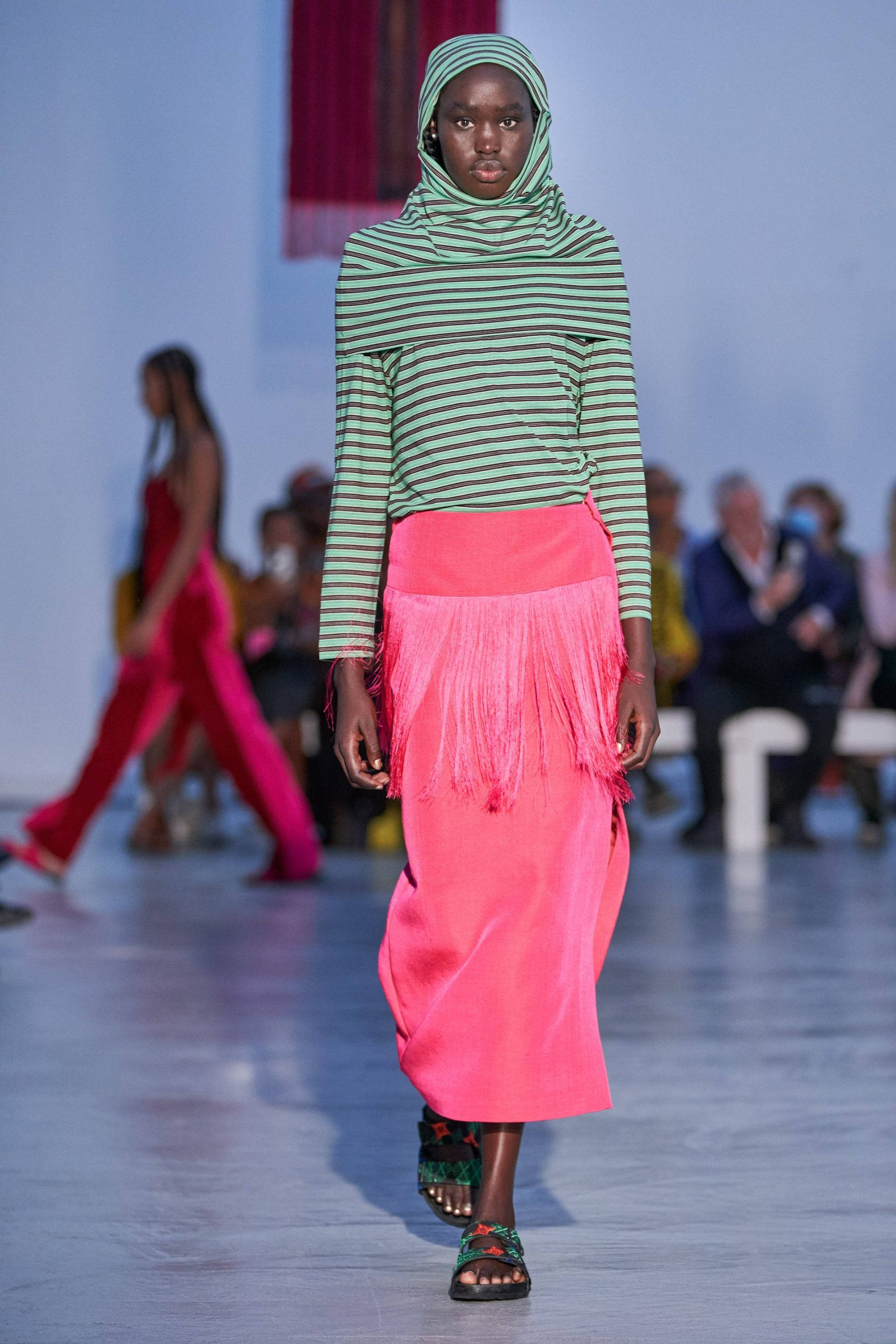 Ralph Lauren Corporation, green striped hoodie, vibrant pink fringed skirt, 2K Phone Wallpaper