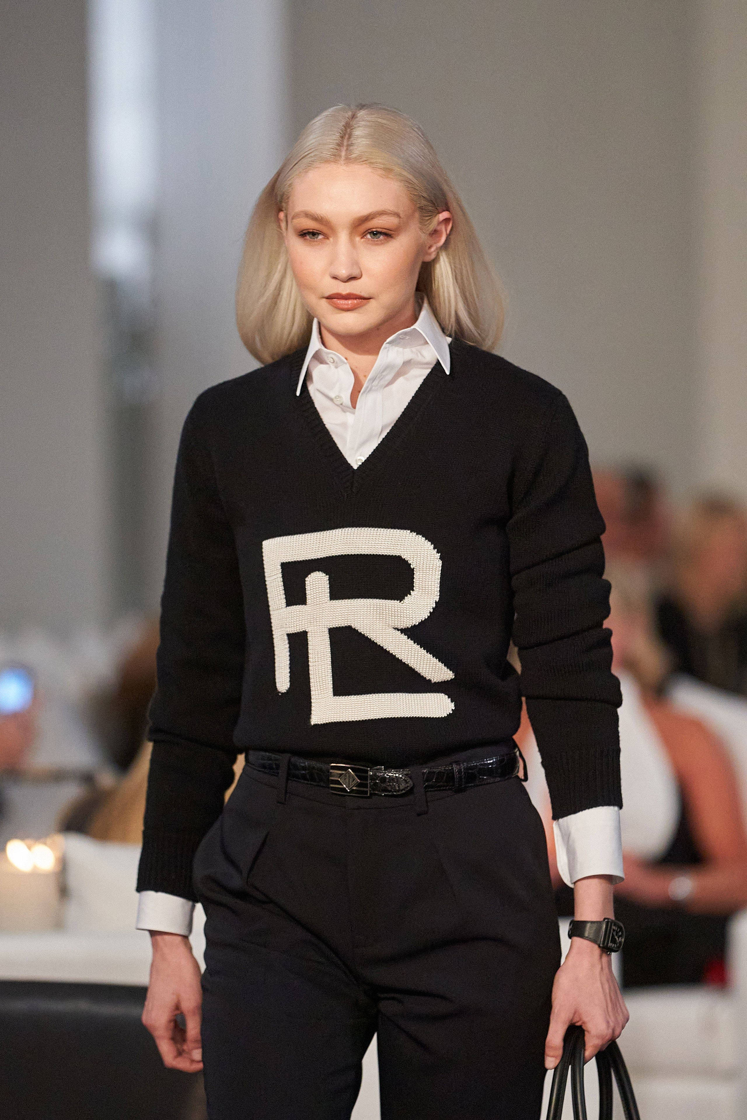 Ralph Lauren Corporation, black sweater, large white 'R' logo, 4K Phone Wallpaper