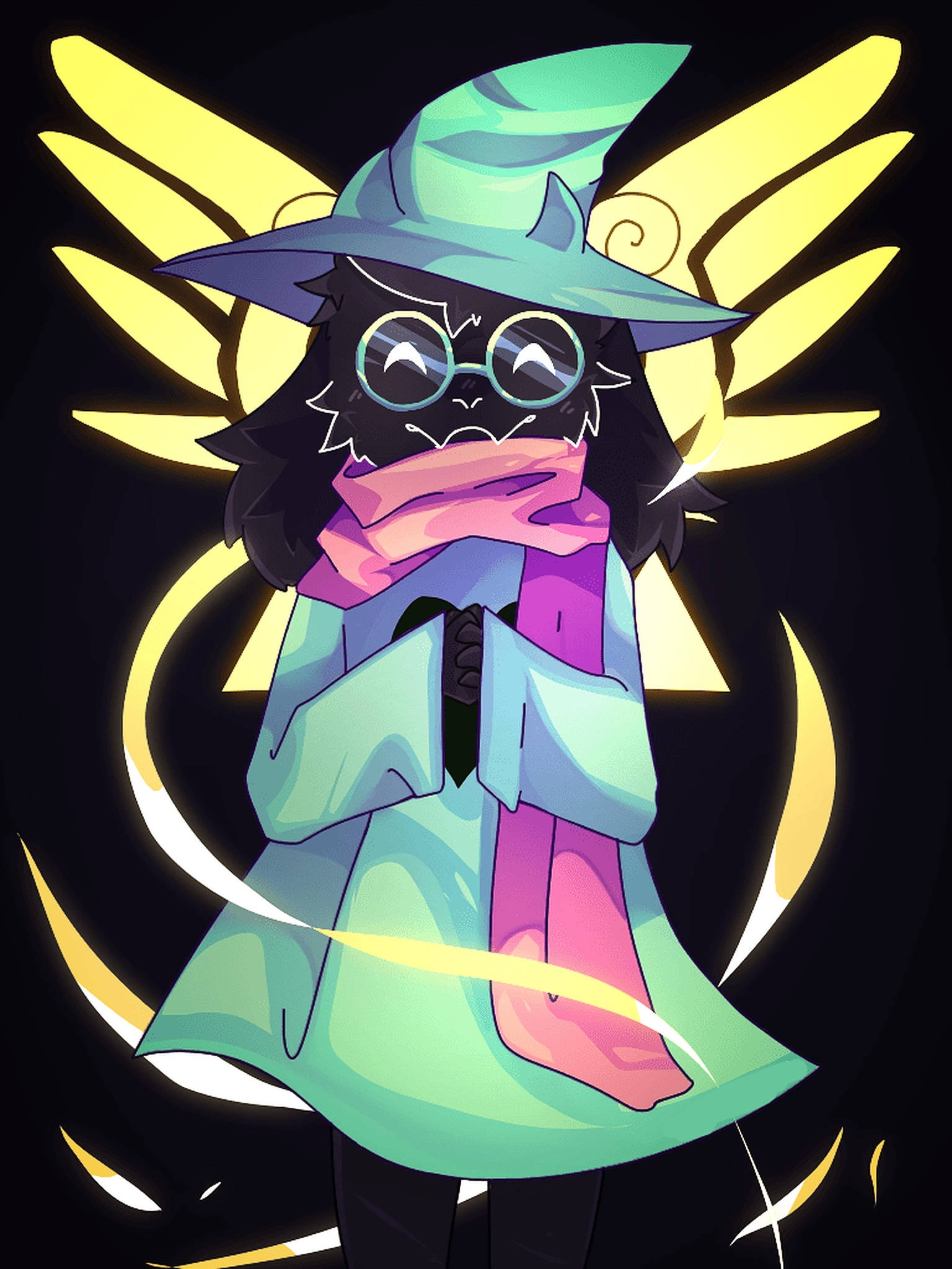 Ralsei, glowing yellow wings, glasses, Full HD Phone Wallpaper
