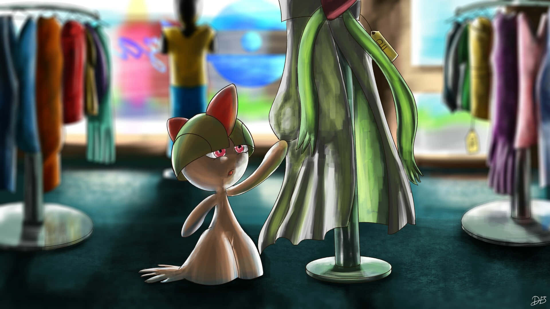 Ralts, department store, green dress, Full HD Desktop Wallpaper