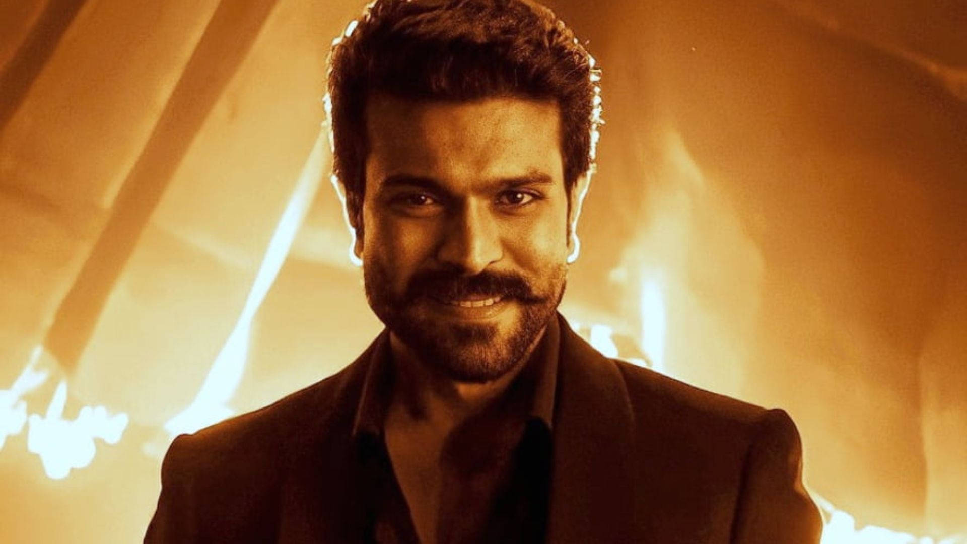 Ram Charan, fiery orange background, glowing light streaks, Full HD Desktop Wallpaper