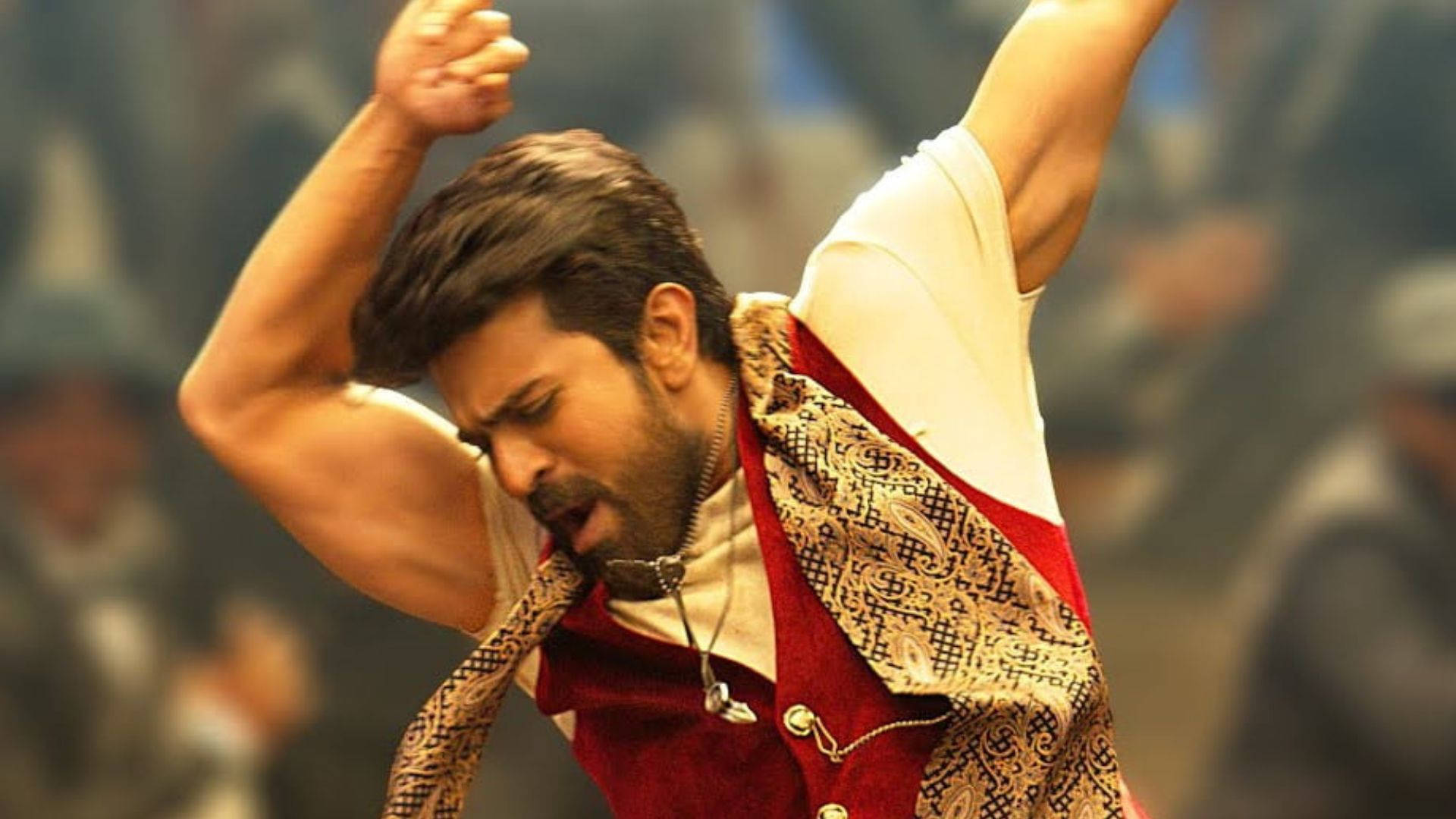 Ram Charan, red and gold traditional attire, crowded scene, Full HD Desktop Wallpaper