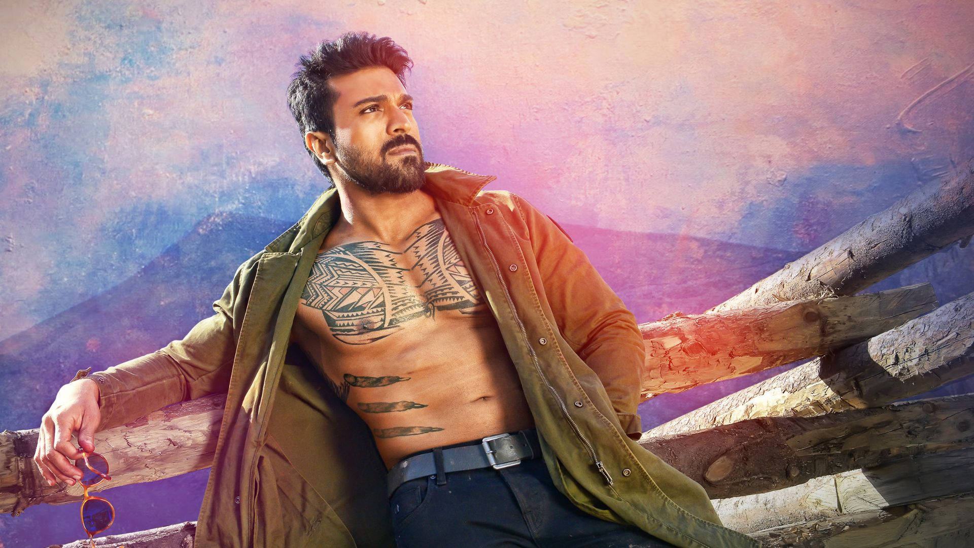Ram Charan, HD Chest Tattoo, vibrant purple and blue sky, Full HD Desktop Wallpaper