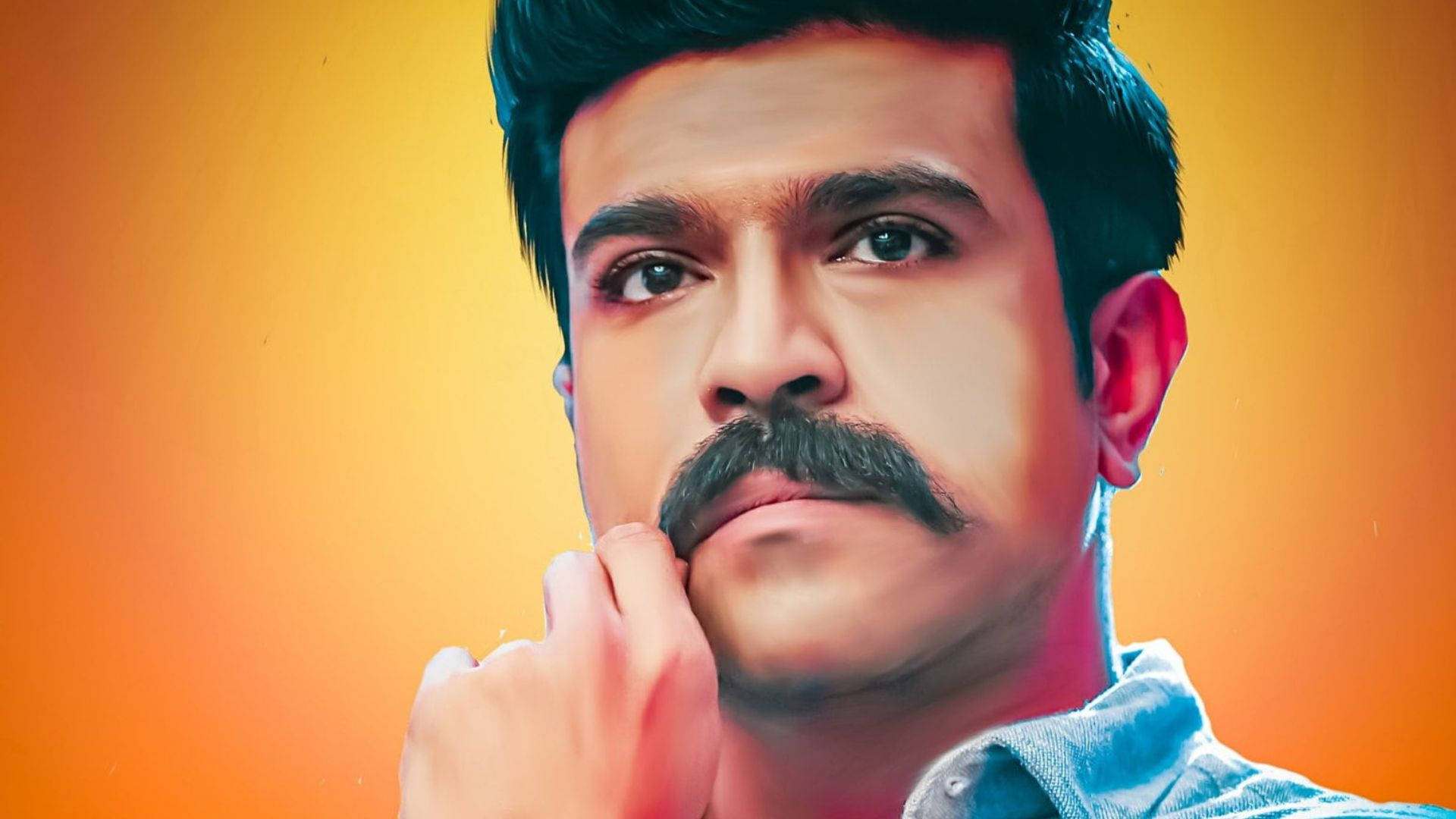 Ram Charan, thick mustache, warm orange gradient background, Full HD Desktop Wallpaper