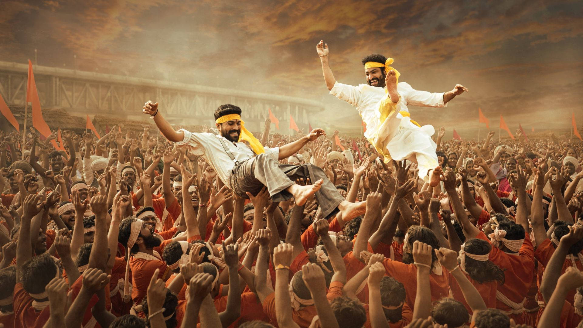 Ram Charan, crowd, white and yellow attire, Full HD Desktop Wallpaper