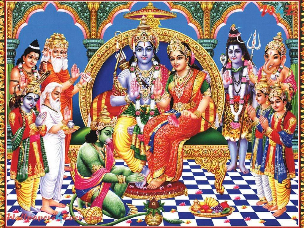 Ram Darbar, Hindu deity couple, golden throne, SD Desktop Wallpaper