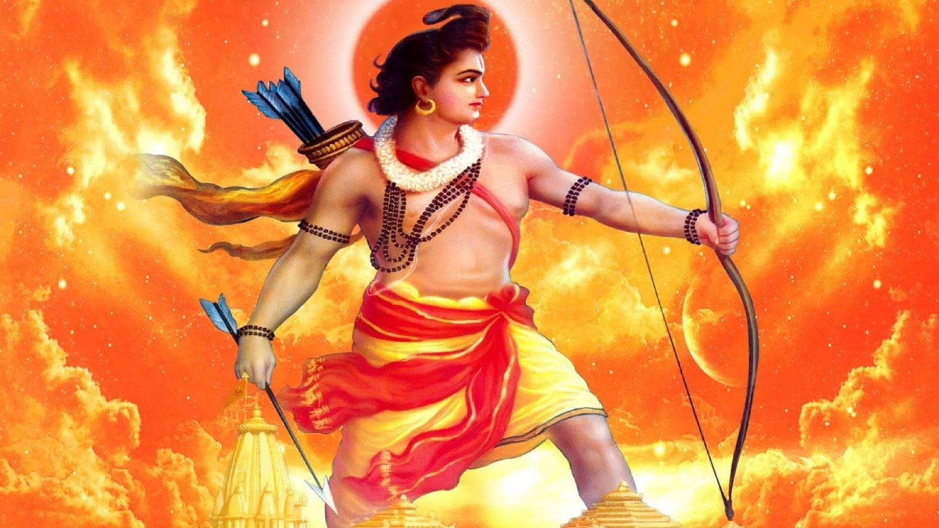 Ram Ji, fiery orange background, red and gold robes, Full HD Desktop Wallpaper