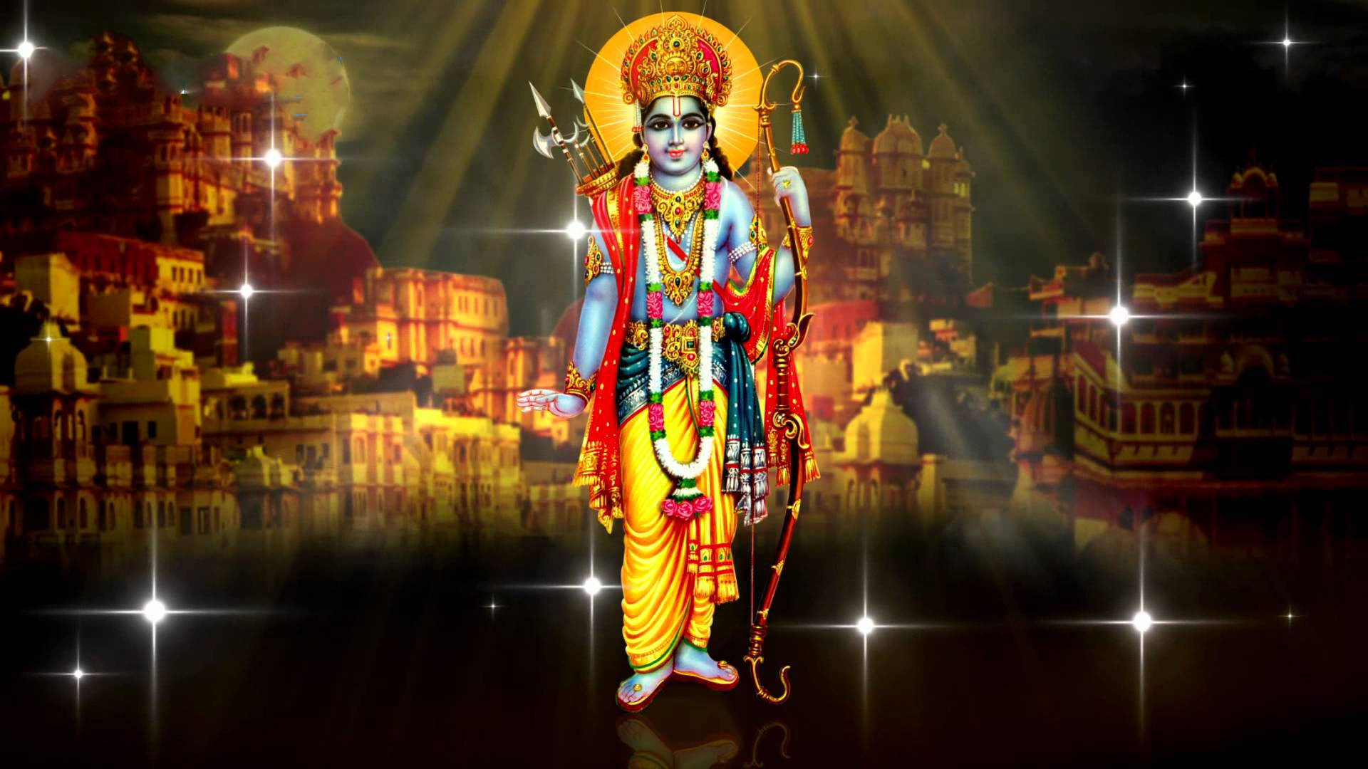 Ram Ji, blue-skinned Hindu deity, gold and red, Full HD Desktop Wallpaper