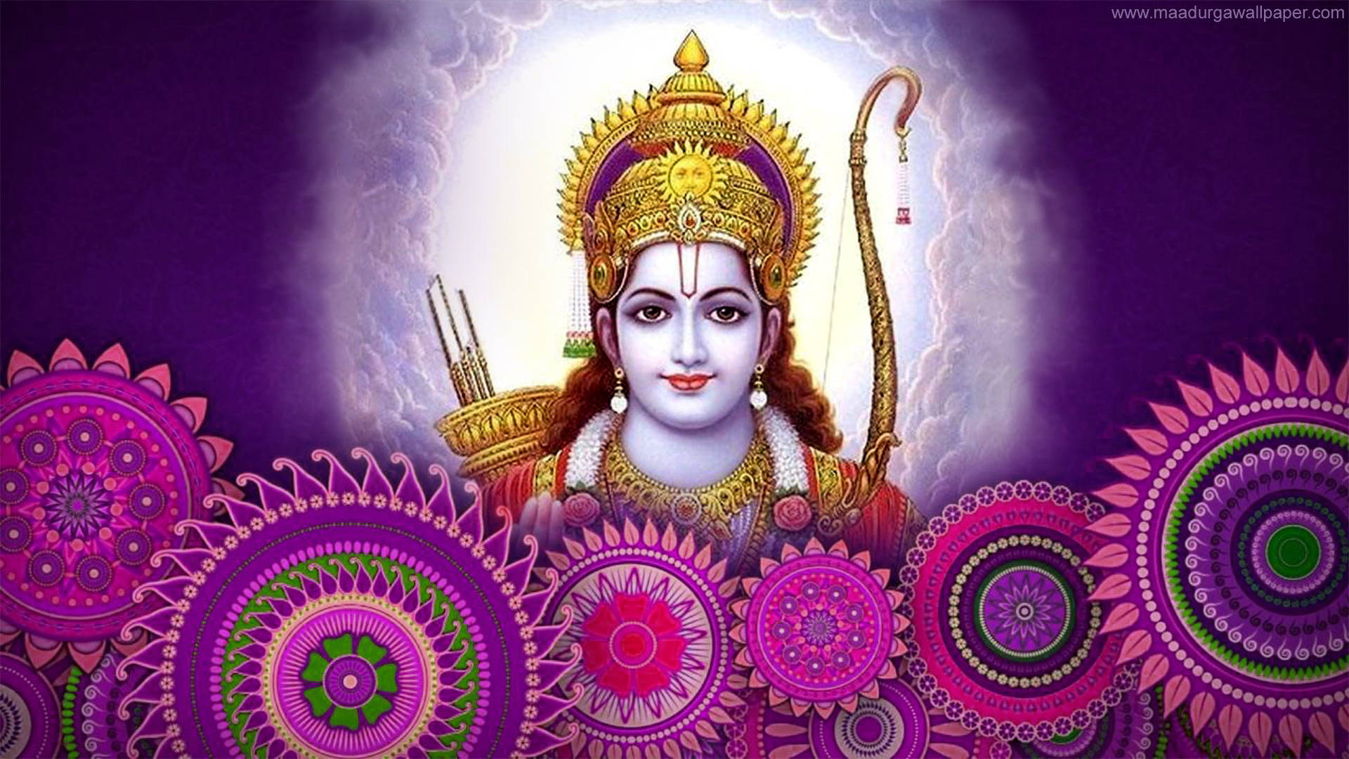 Ram Ji, purple mandala art, golden crown, Full HD Desktop Wallpaper