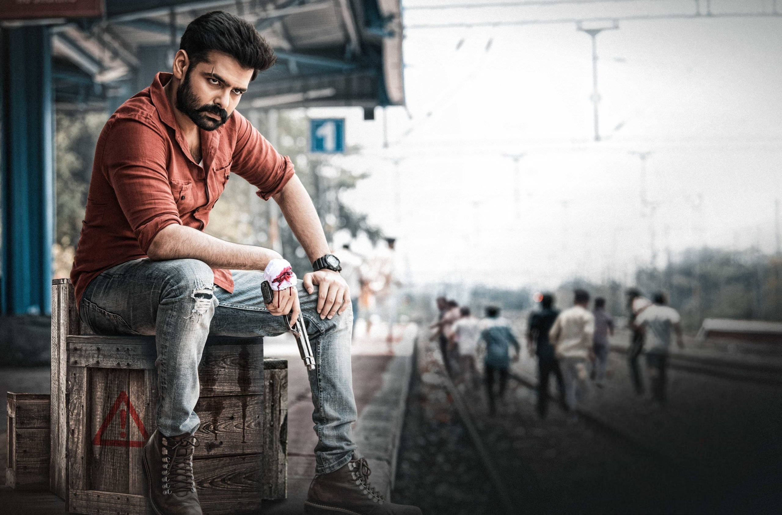 Ram Pothineni, train platform, red shirt, 2K Desktop Wallpaper
