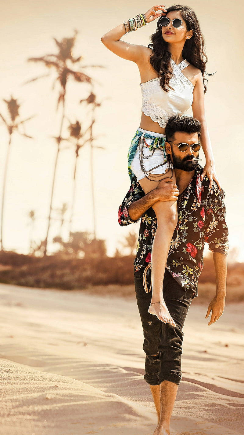 Ram Pothineni, sunlit beach, palm trees, HD Phone Wallpaper