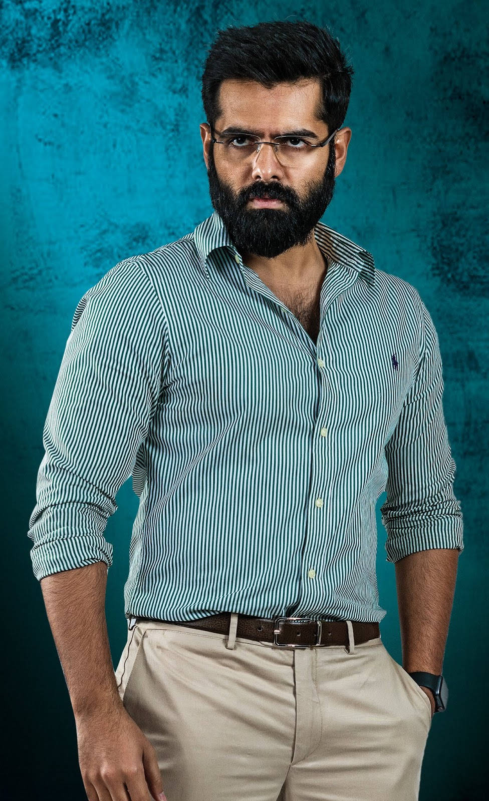Ram Pothineni, striped shirt, textured teal backdrop, HD Phone Wallpaper