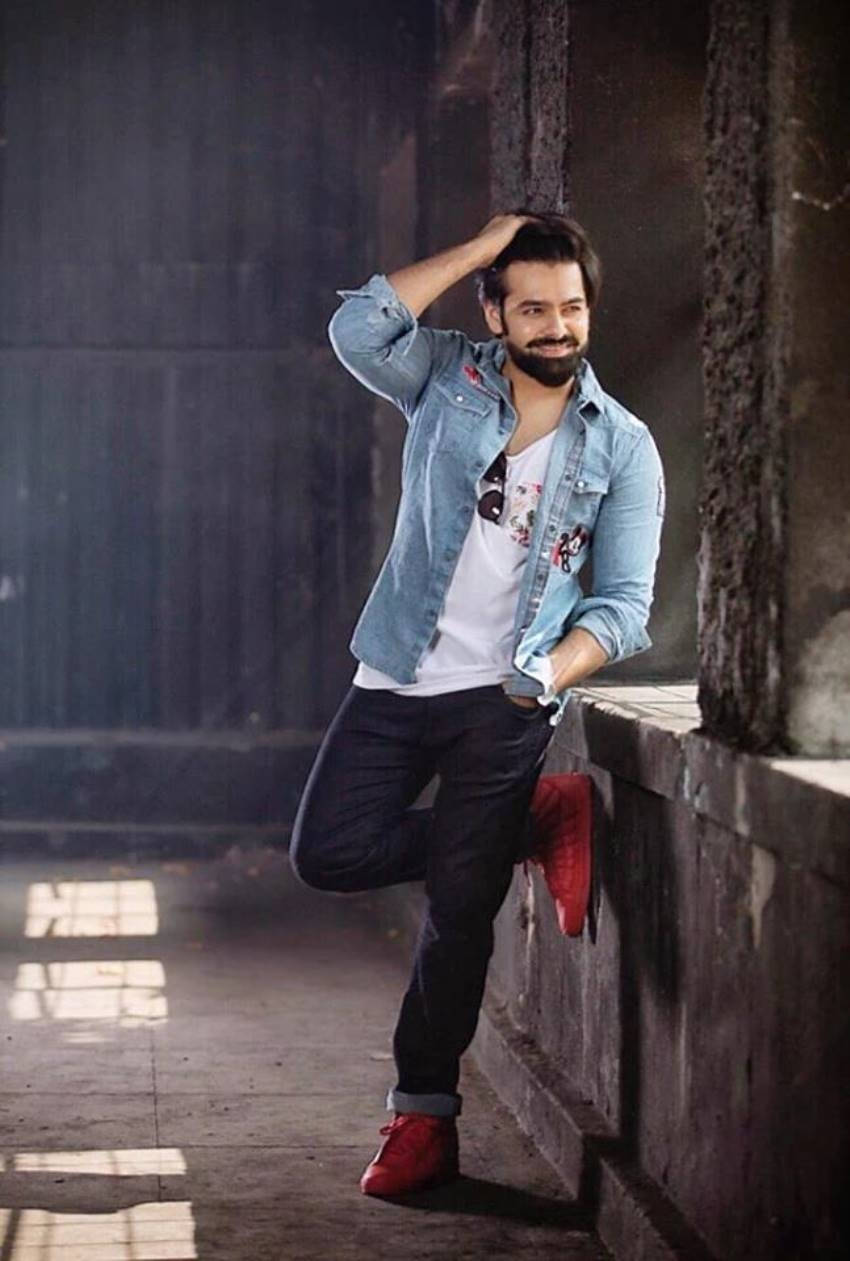 Ram Pothineni, denim jacket, bright red shoes, SD Phone Wallpaper