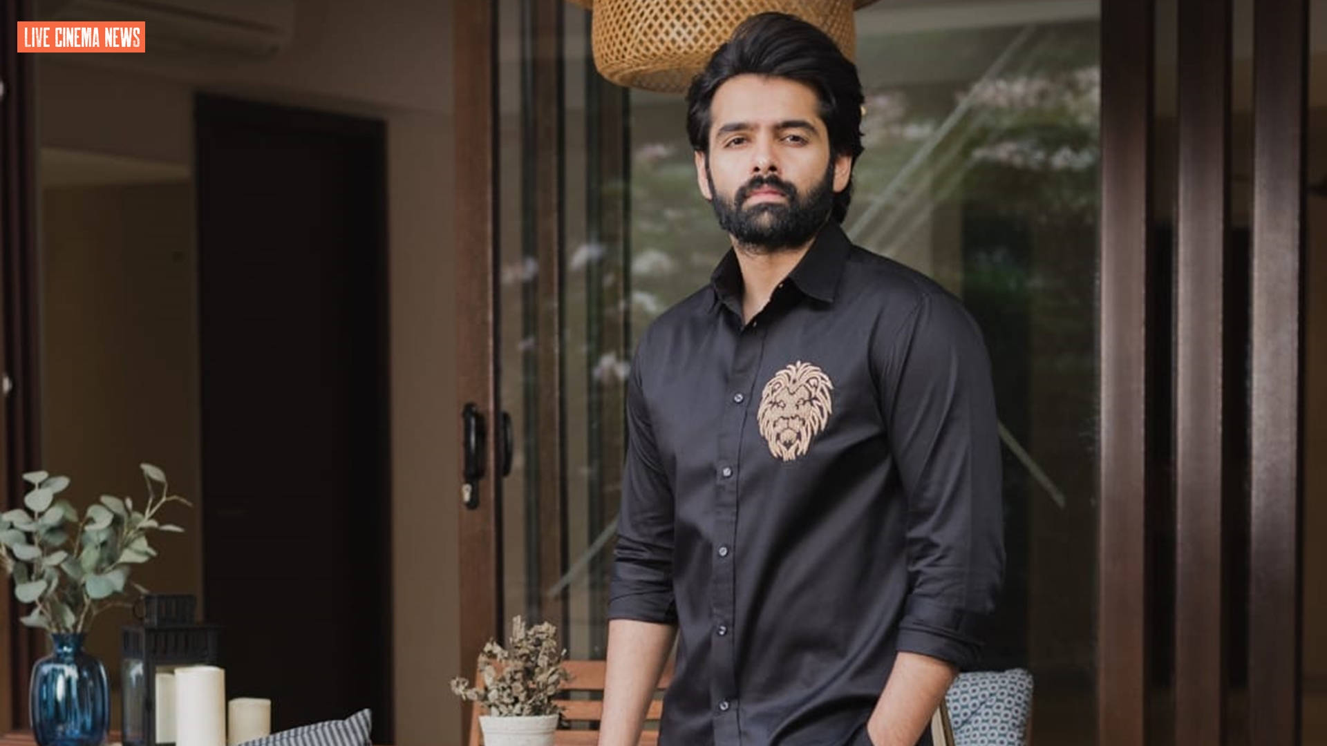 Ram Pothineni, black shirt, lion emblem, Full HD Desktop Wallpaper