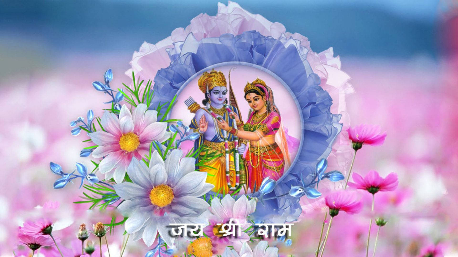 Ram Sita, floral wreath, pink and white blossoms, Full HD Desktop Wallpaper