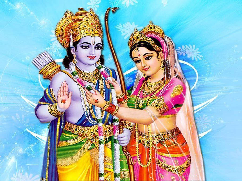 Ram Sita, golden crowns, colorful traditional attire, SD Desktop Wallpaper