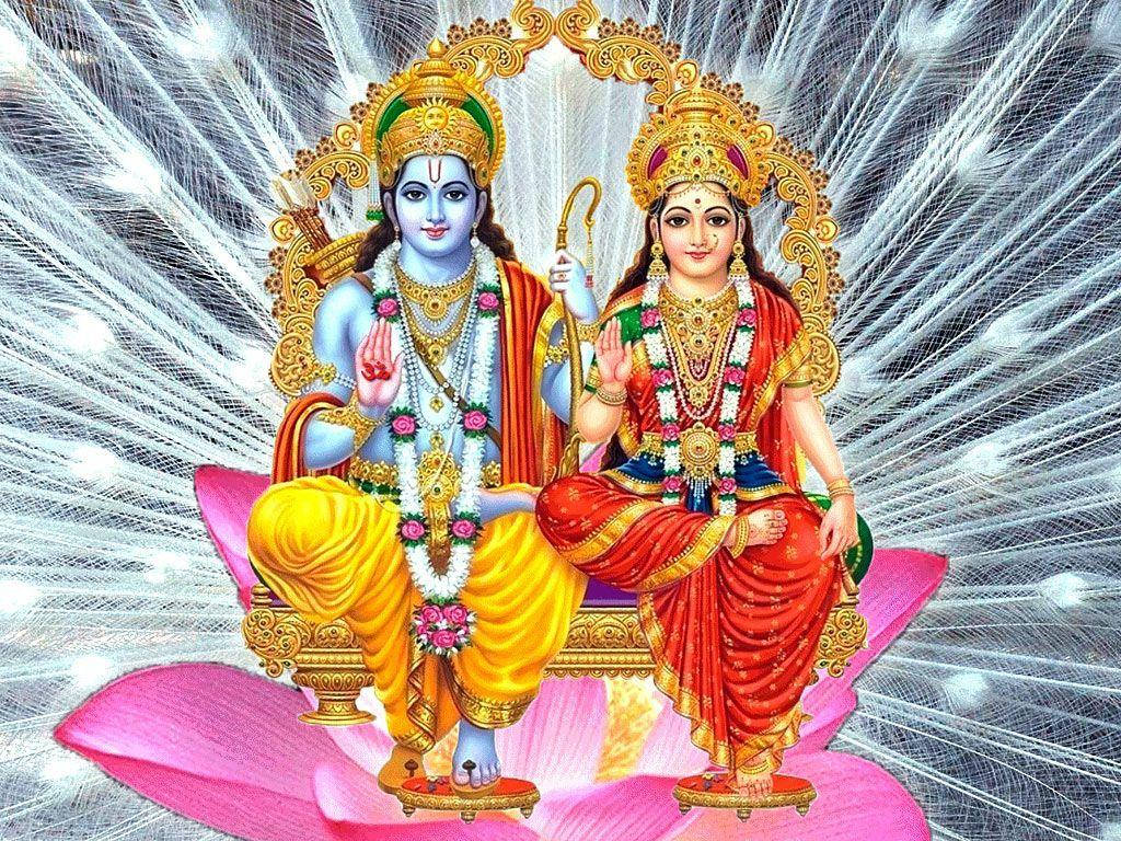Ram Sita, pink lotus throne, golden crowns, SD Desktop Wallpaper
