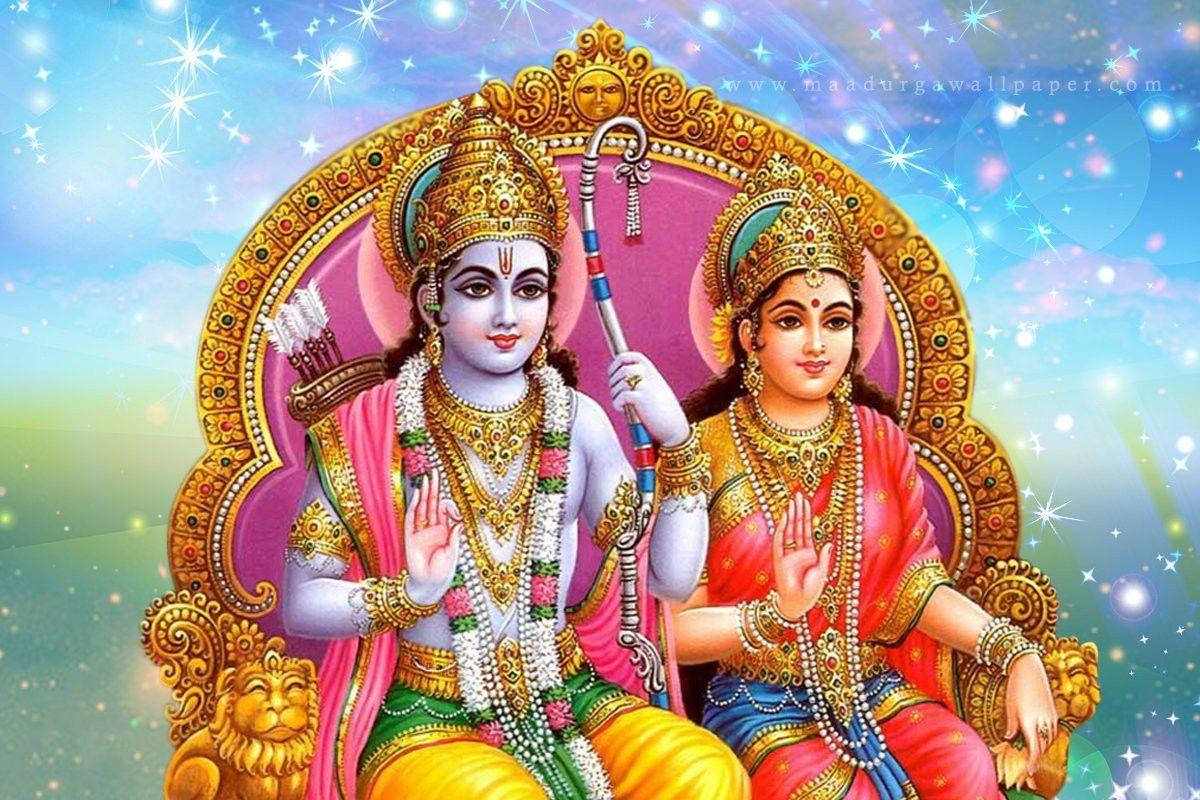 Ram Sita, golden crowns, jeweled attire, SD Desktop Wallpaper