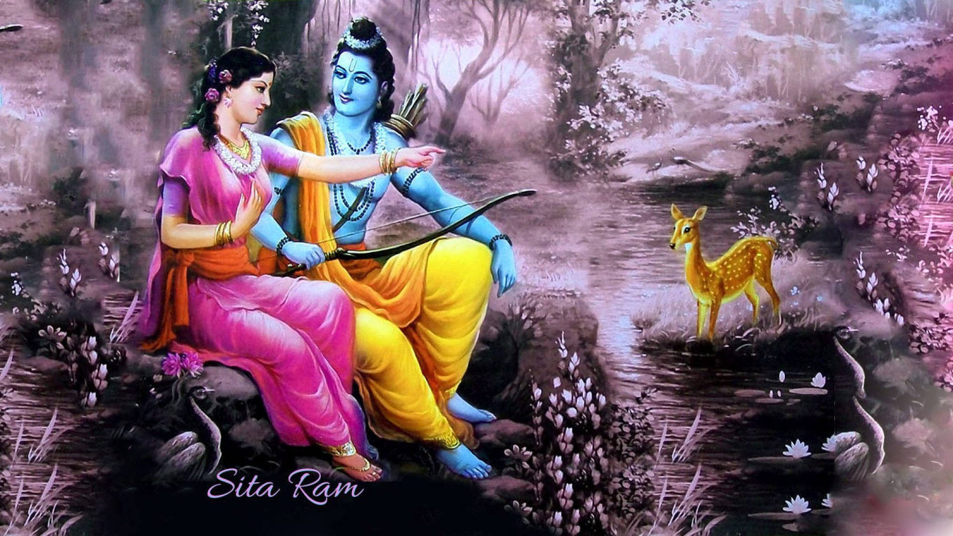 Ram Sita, forest, misty riverbank, Full HD Desktop Wallpaper
