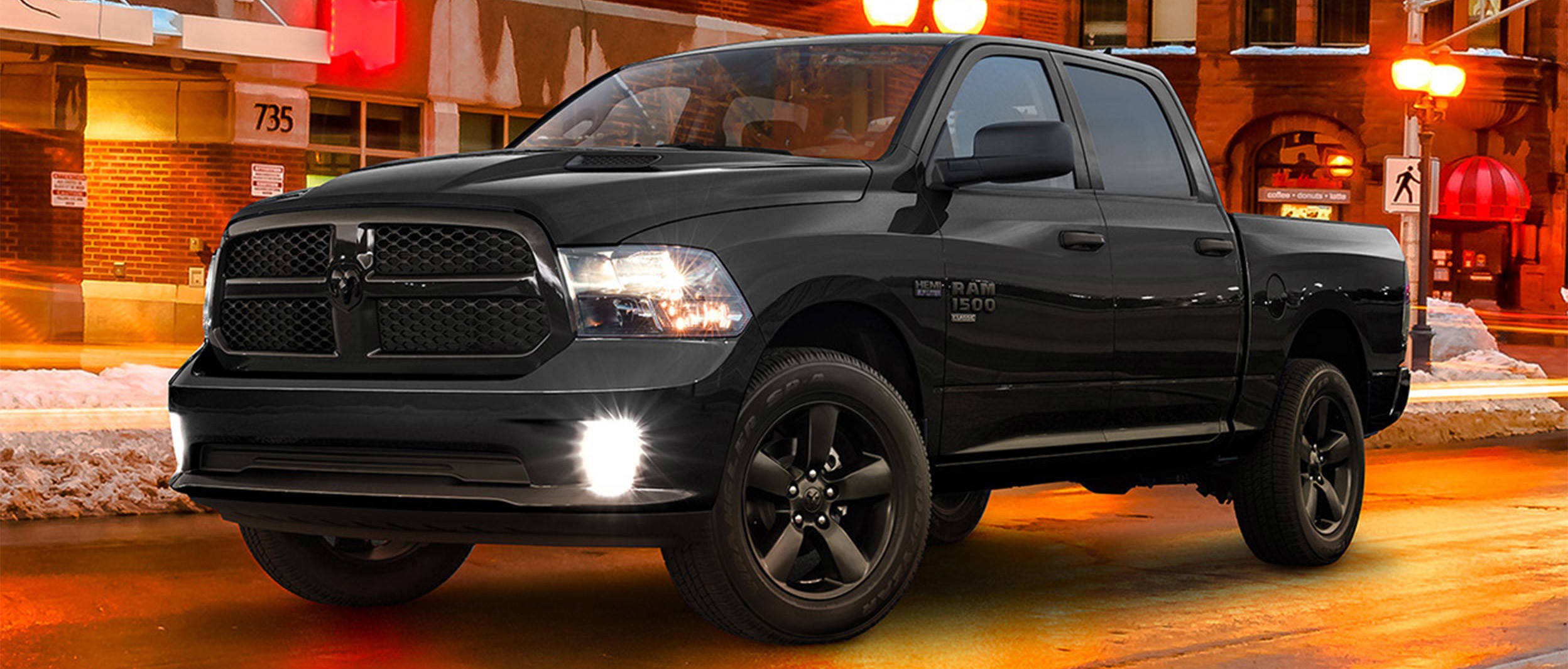 Matte Black RAM Truck, Ram 1500, snowy urban street, Full HD Desktop Wallpaper