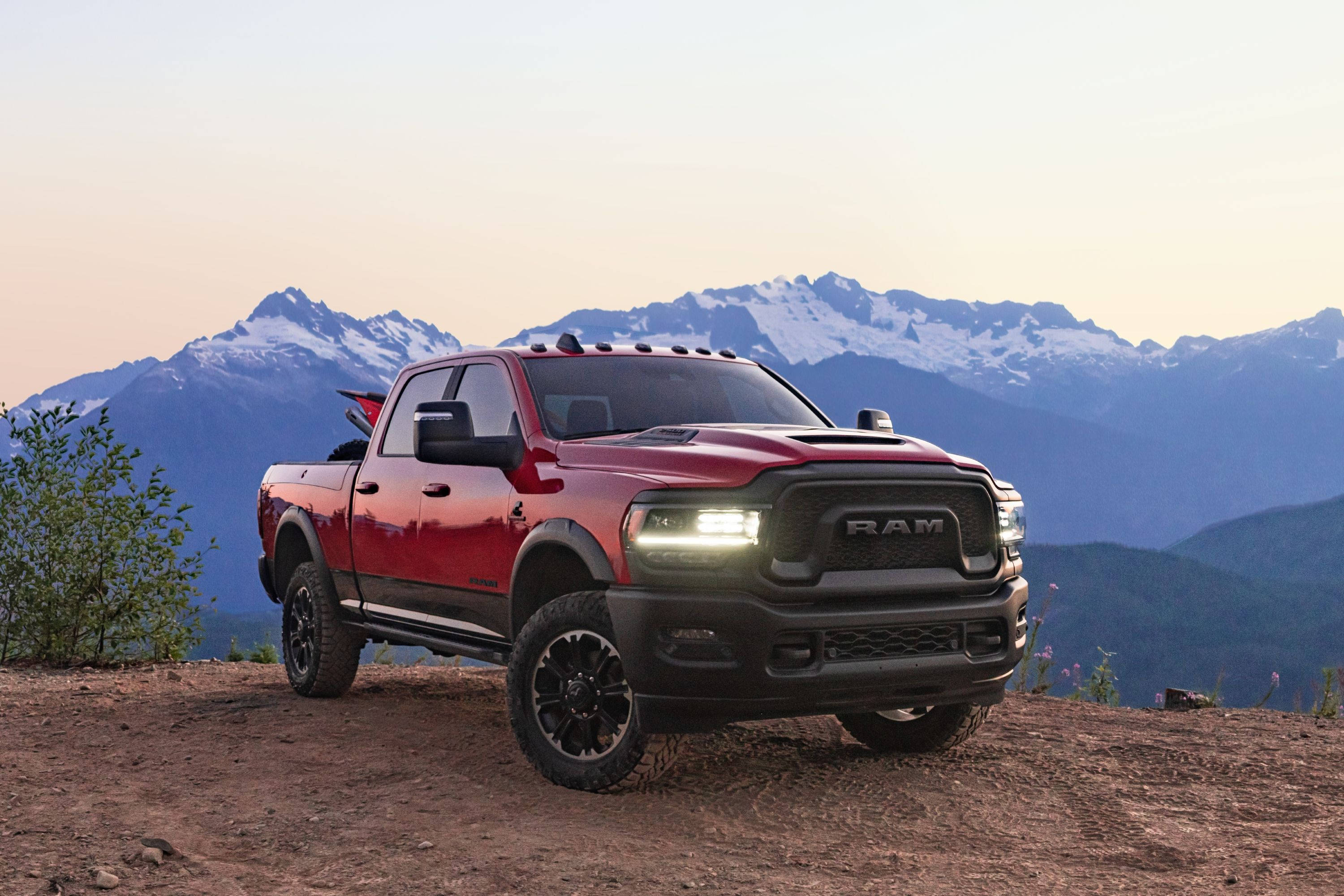 Ram Truck, snowy mountains, dirt overlook, 2K Desktop Wallpaper