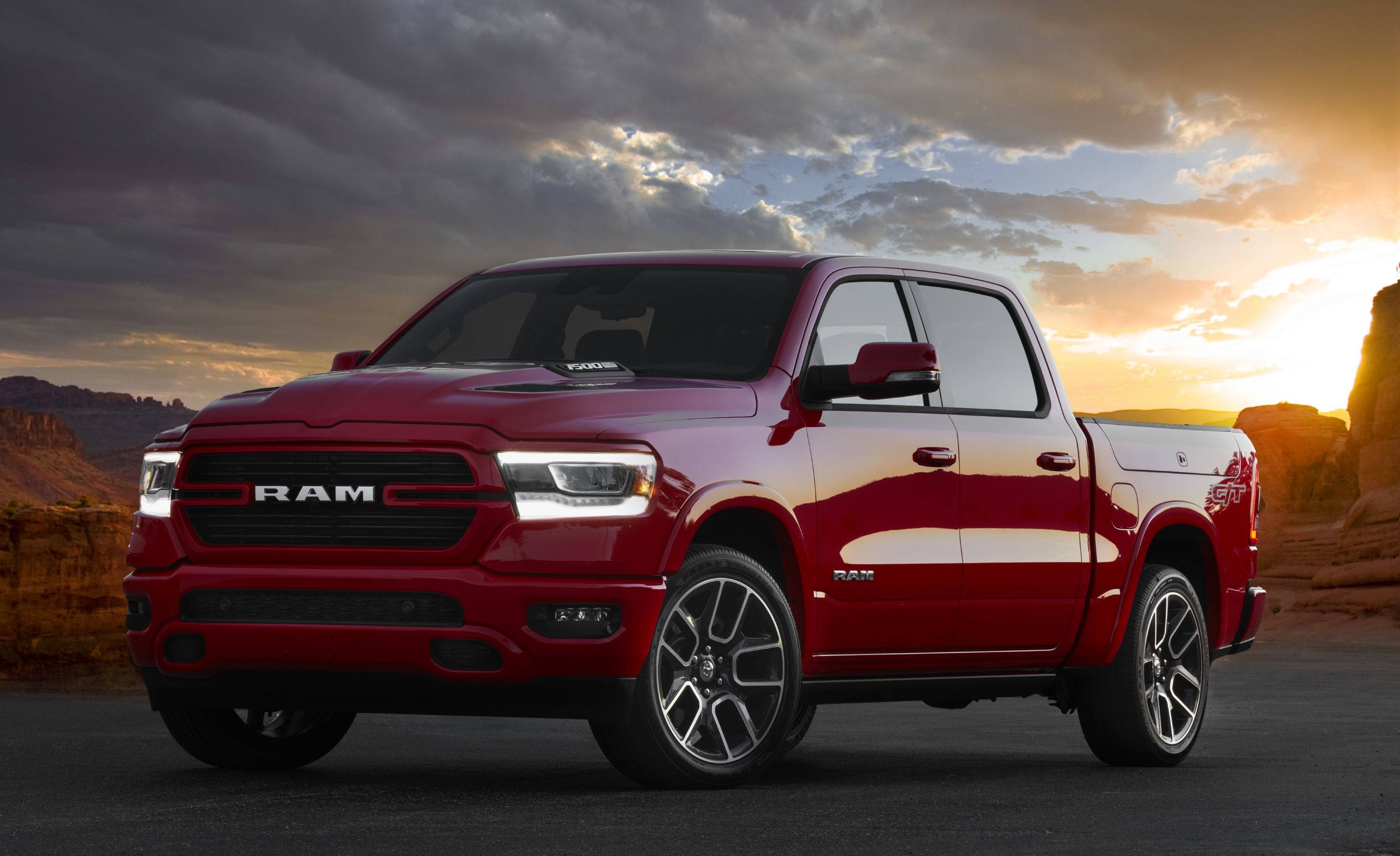 Ram Truck, sunset, desert road, 2K Desktop Wallpaper