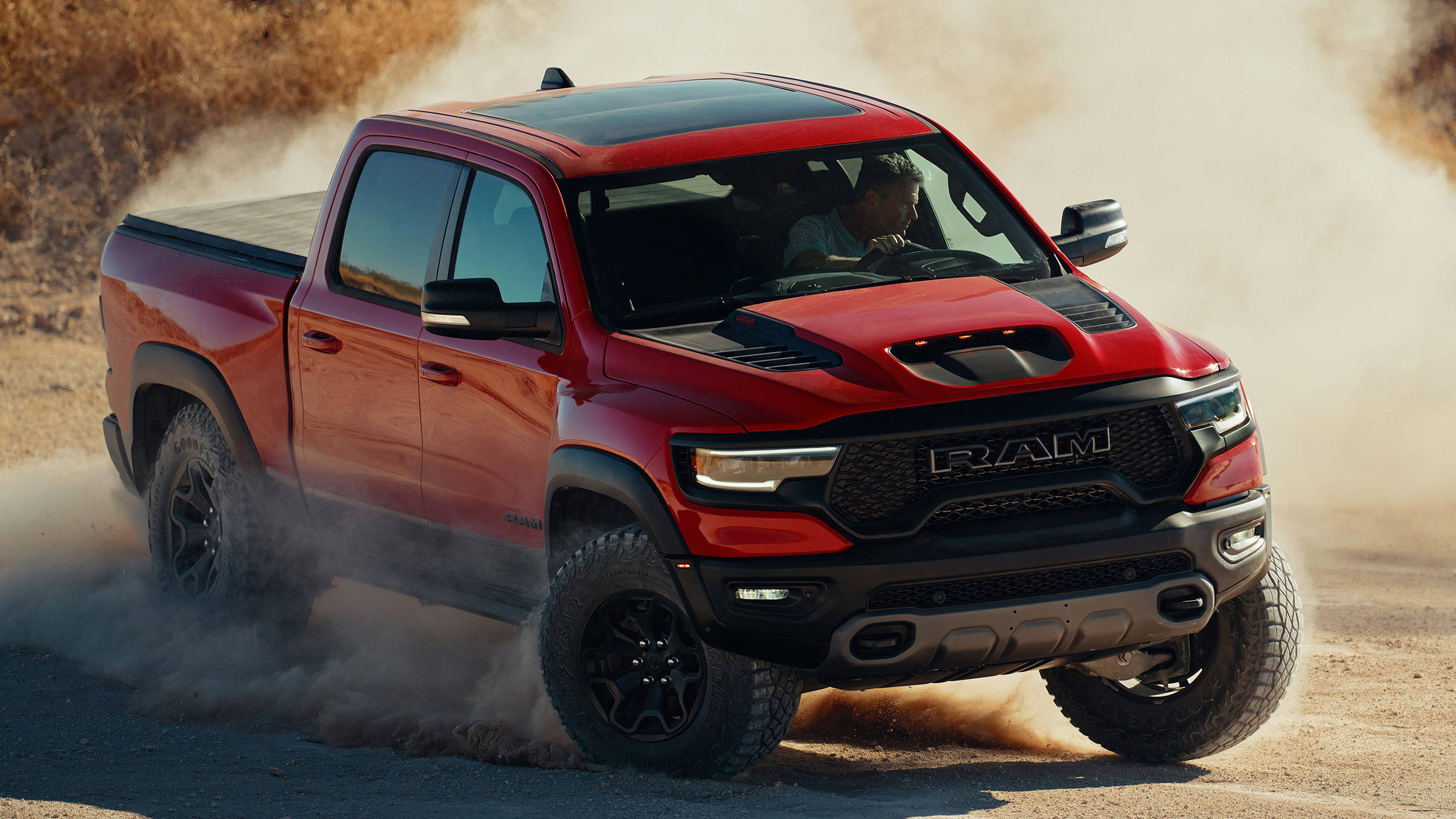 red 2021 ram truck, dry dirt road, bright daylight, Full HD Desktop Wallpaper