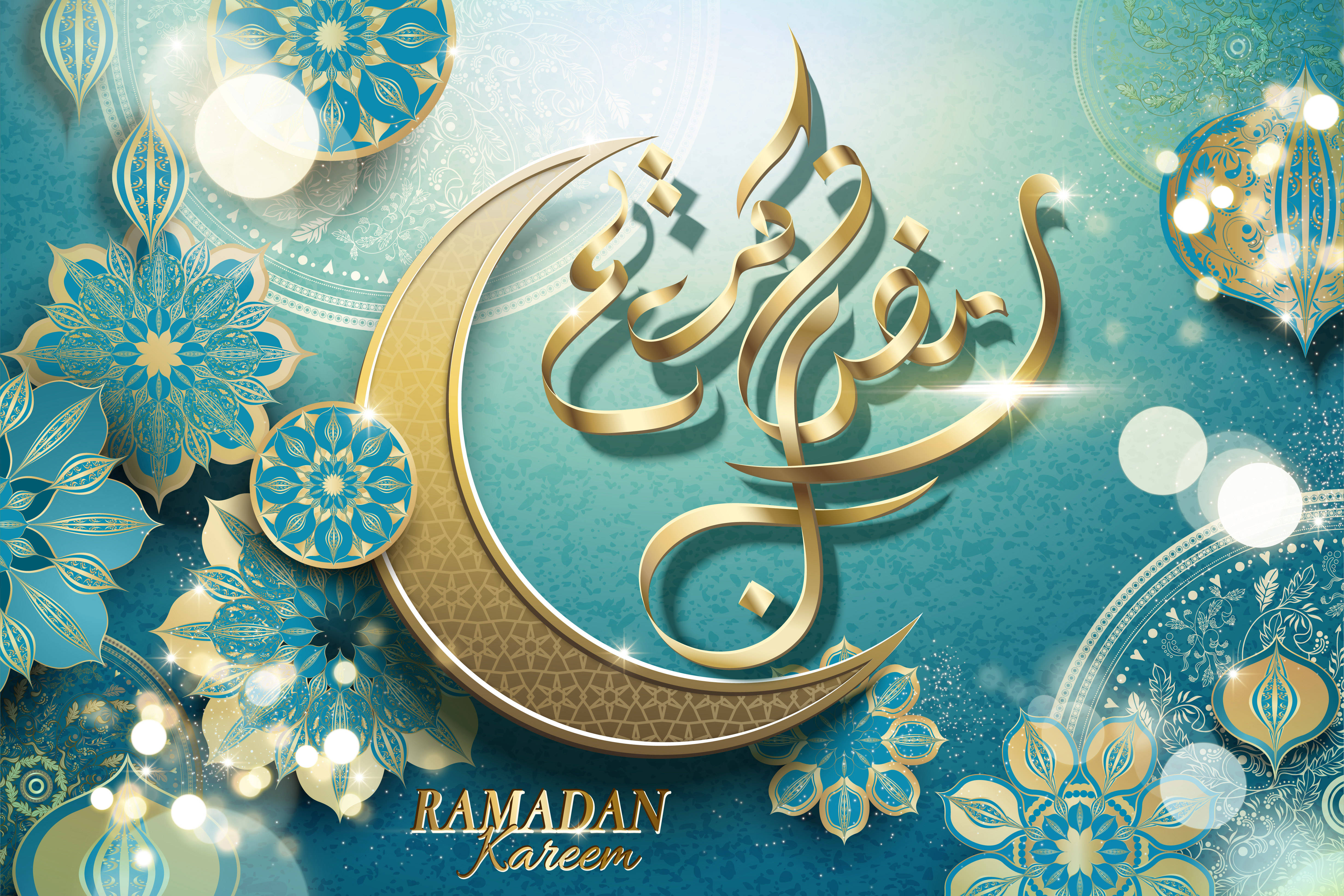 Elegant Ramadan Kareem, golden crescent moon, Arabic calligraphy, 4K Desktop Wallpaper