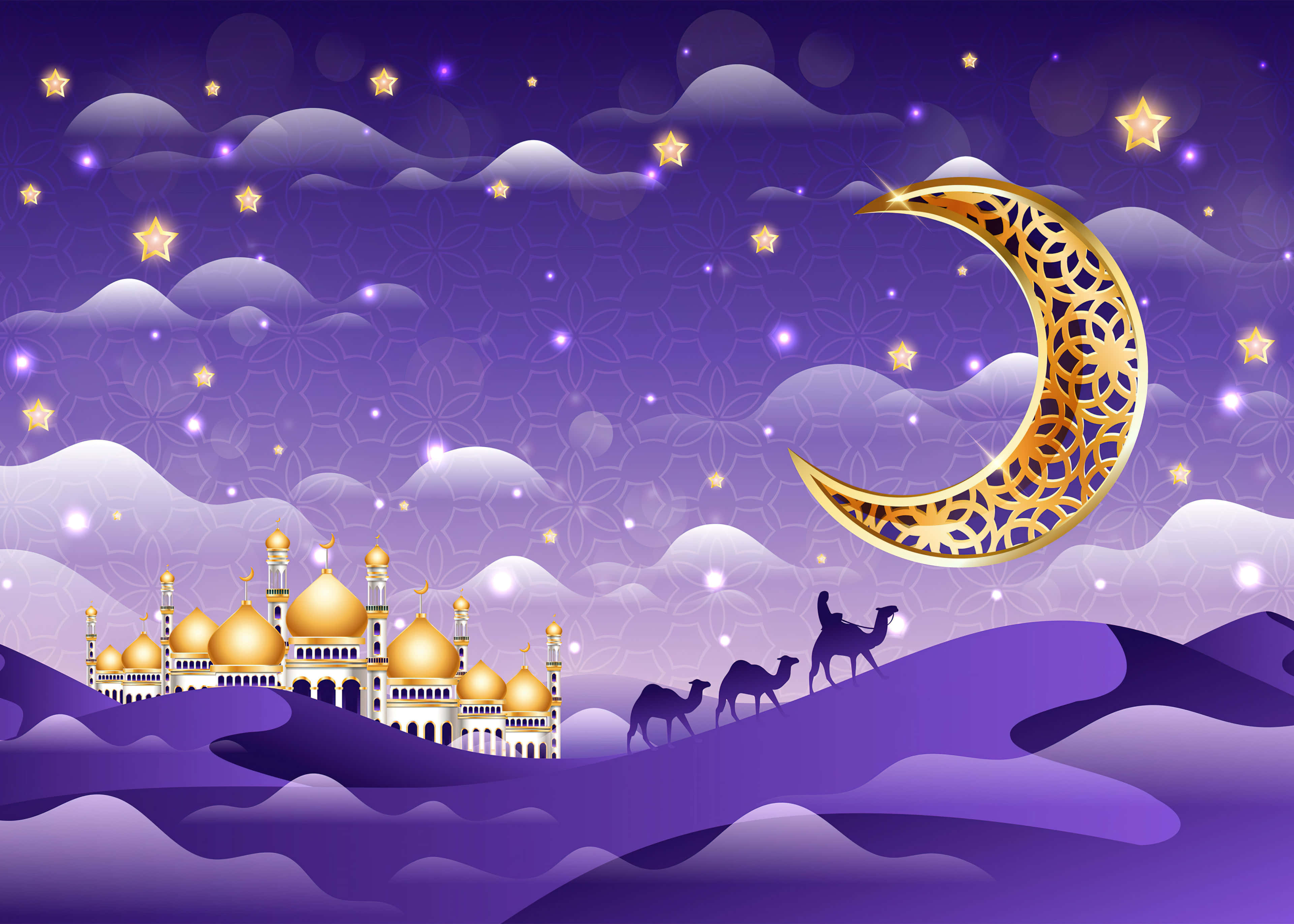 golden crescent moon, stars, desert landscape, 4K Desktop Wallpaper